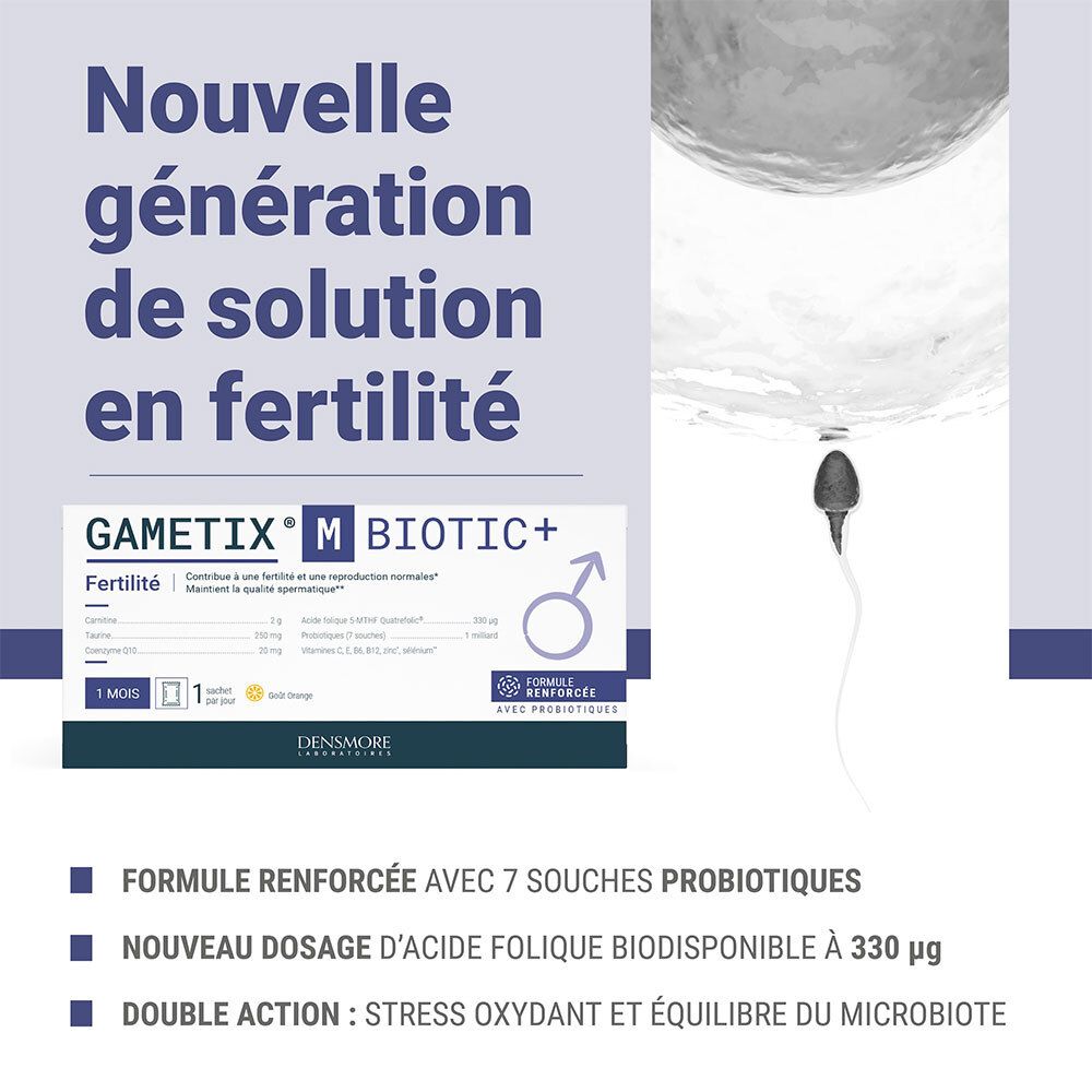 Visuel publicitaire avec Gametix M Biotic+ et informations sur la fertilité.