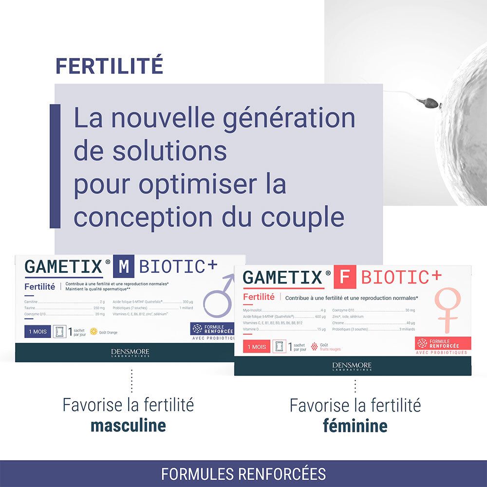 Visuel publicitaire avec Gametix M et F Biotic+ pour la fertilité.