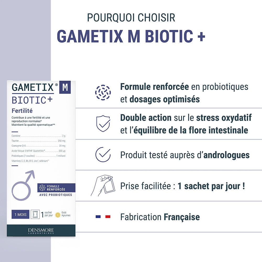 Boîte Gametix M Biotic+ avec informations produit et avantages.