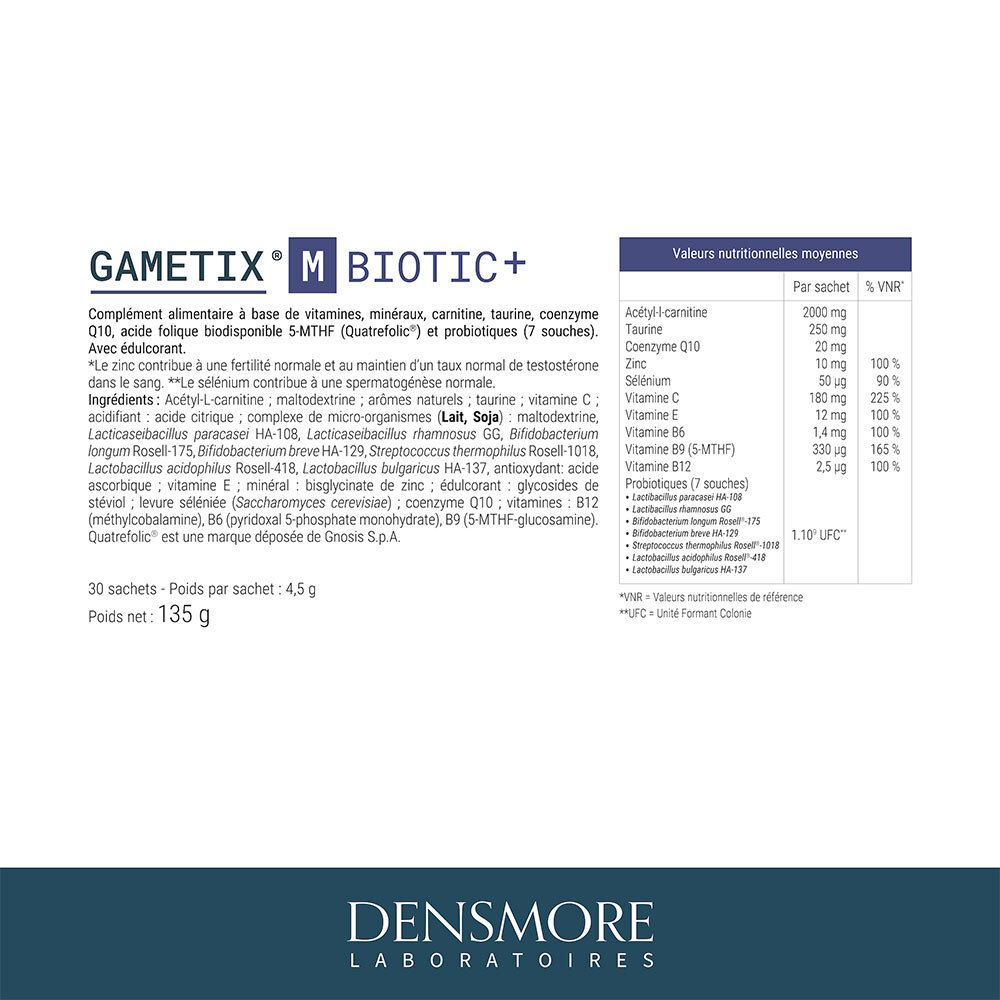 Boîte Gametix M Biotic+ avec informations nutritionnelles et ingrédients.