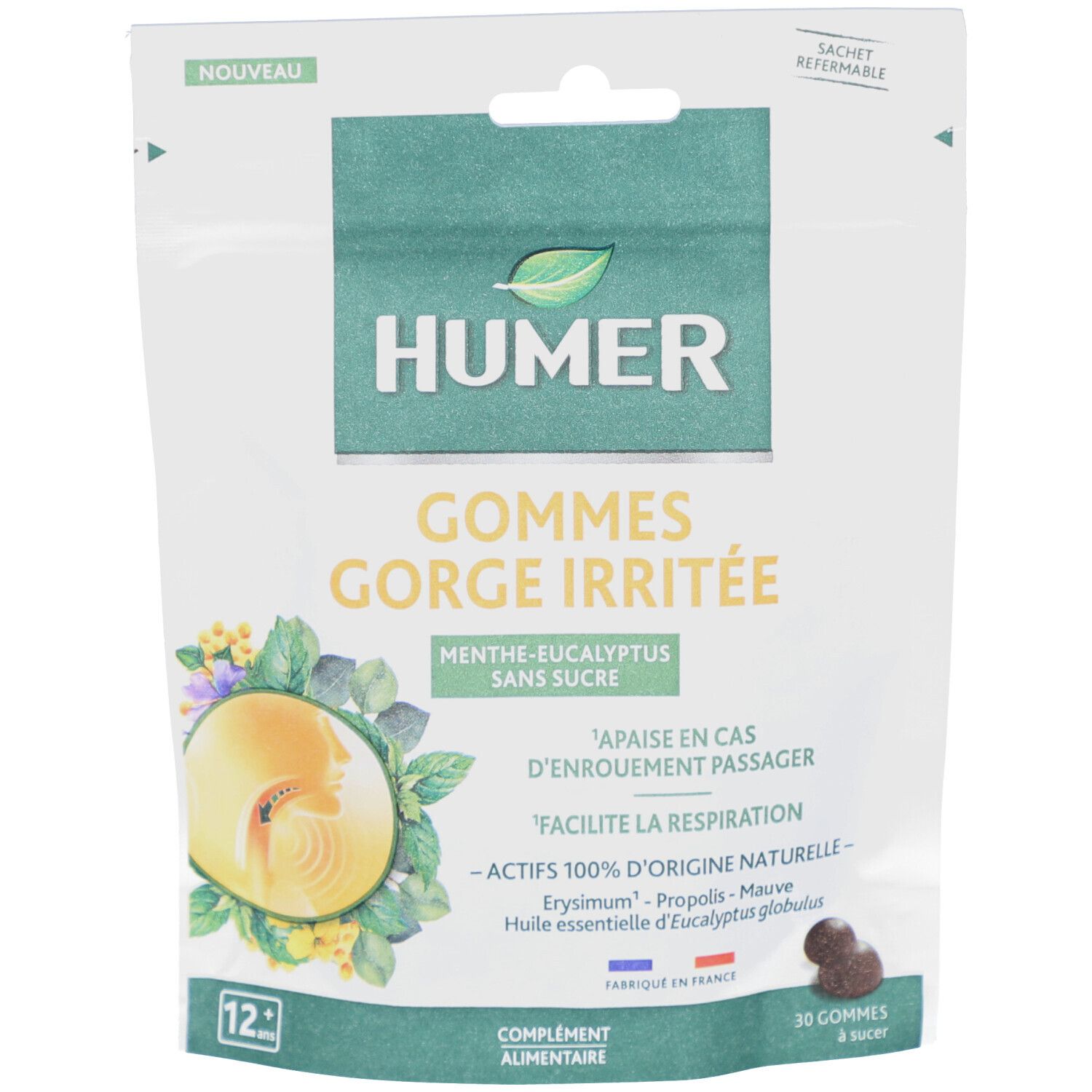 Sachet HUMER GOMMES GORGE IRRITEE. Inscription: GOMMES GORGE IRRITEE, MENTHE-EUCALYPTUS, 30 gommes. Ingrédients visibles.