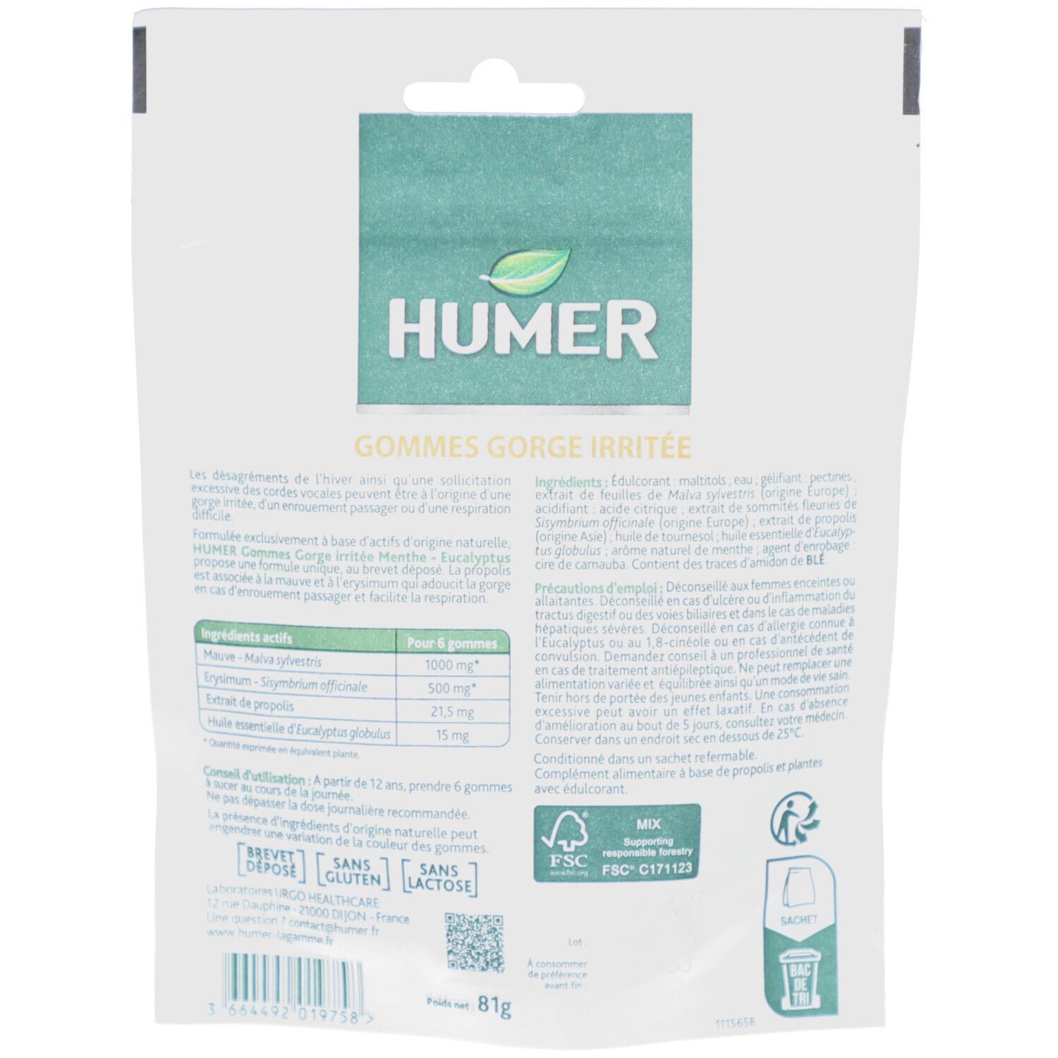 Dos du sachet HUMER GOMMES GORGE IRRITEE. Texte: GOMMES GORGE IRRITEE, ingrédients, mode d'emploi, logo FSC.