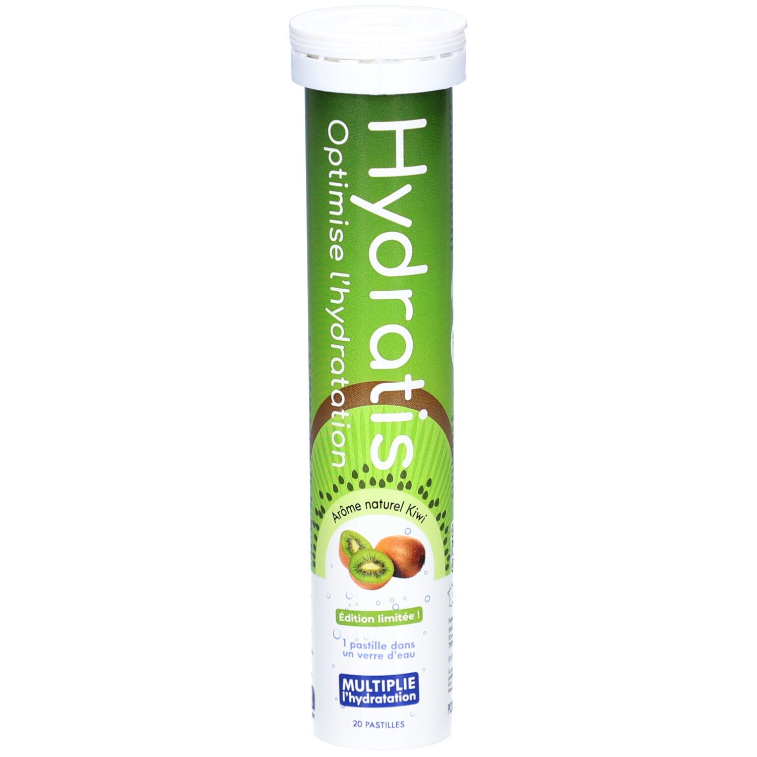 Tube cylindrique vert "Hydratis". Illustration kiwi. "Optimise l'hydratation". 20 pastilles.