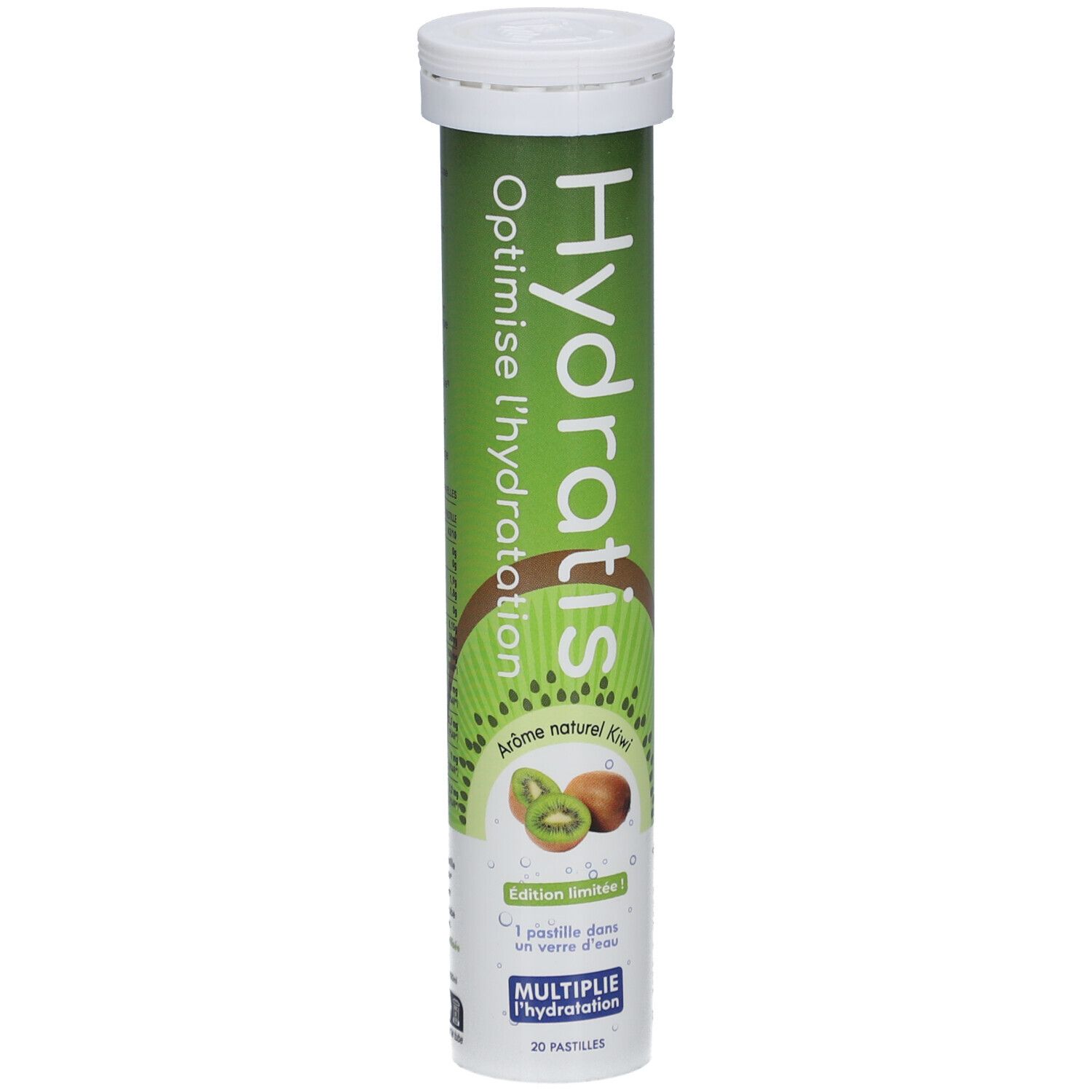 Tube cylindrique vert "Hydratis". Illustration kiwi. "Optimise l'hydratation". 20 pastilles.