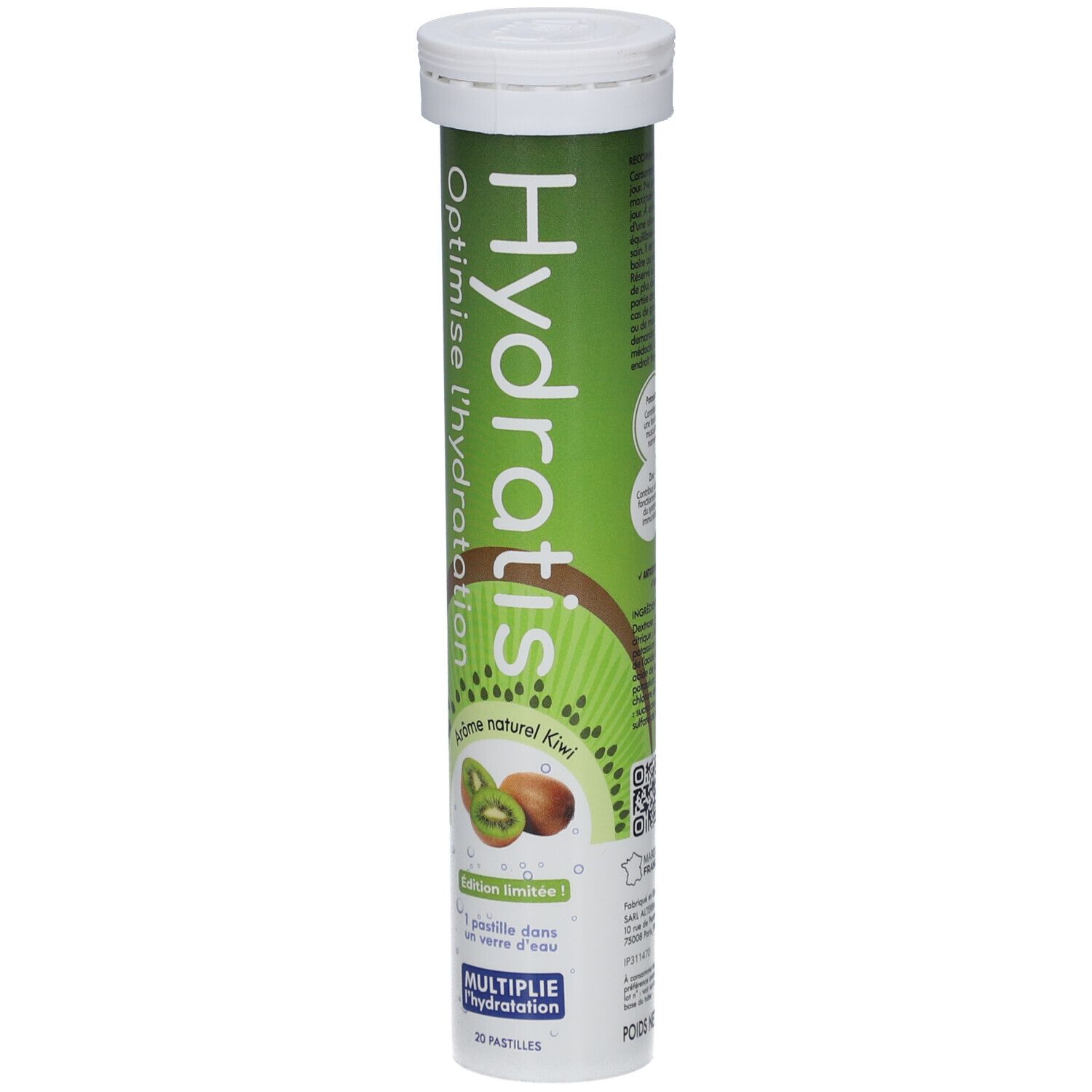 Tube cylindrique vert "Hydratis". Illustration kiwi. "Optimise l'hydratation". 20 pastilles.