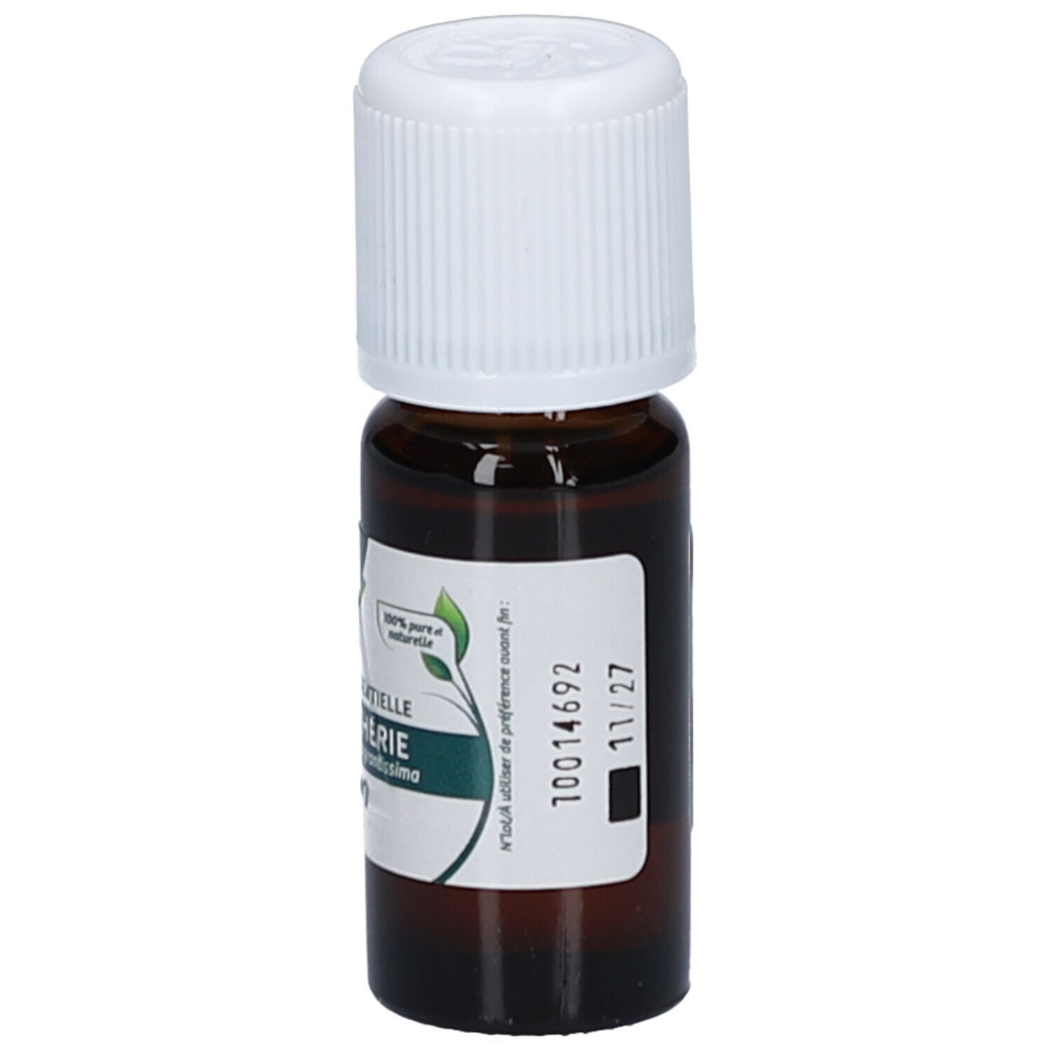 Flacon en verre brun avec bouchon blanc. Étiquette avec texte et date de péremption. 100% pure naturelle.