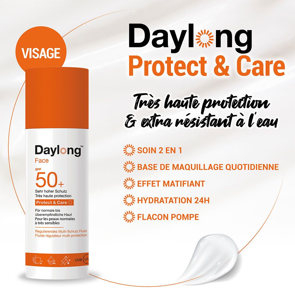 Publicité avec flacon Daylong Face SPF 50+. Texte: Protect & Care, Très haute protection & extra résistant à l'eau. Soin 2 en 1.