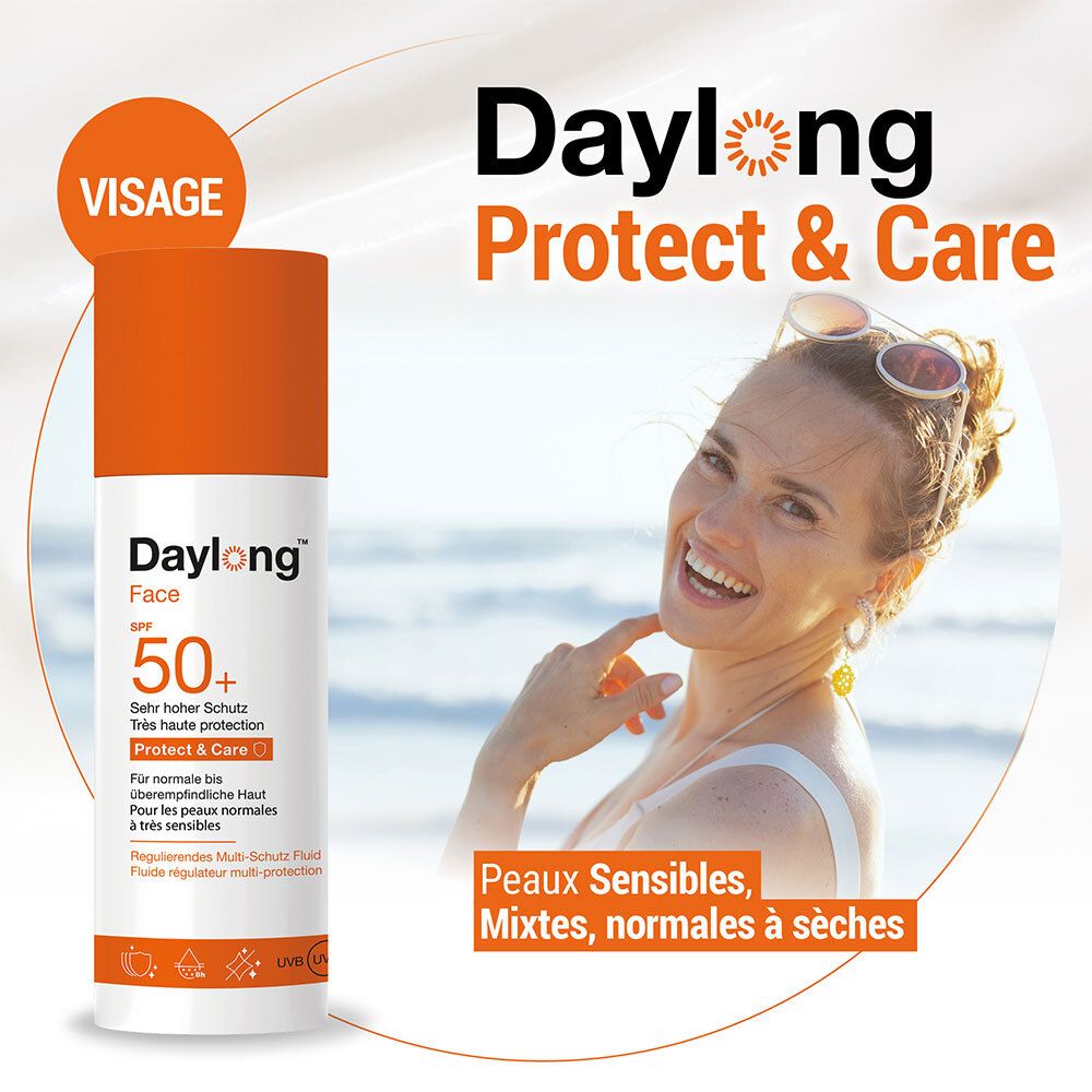 Publicité avec flacon Daylong Face SPF 50+ et femme. Texte: Protect & Care, Très haute protection & extra résistant à l'eau. Peaux sensibles.