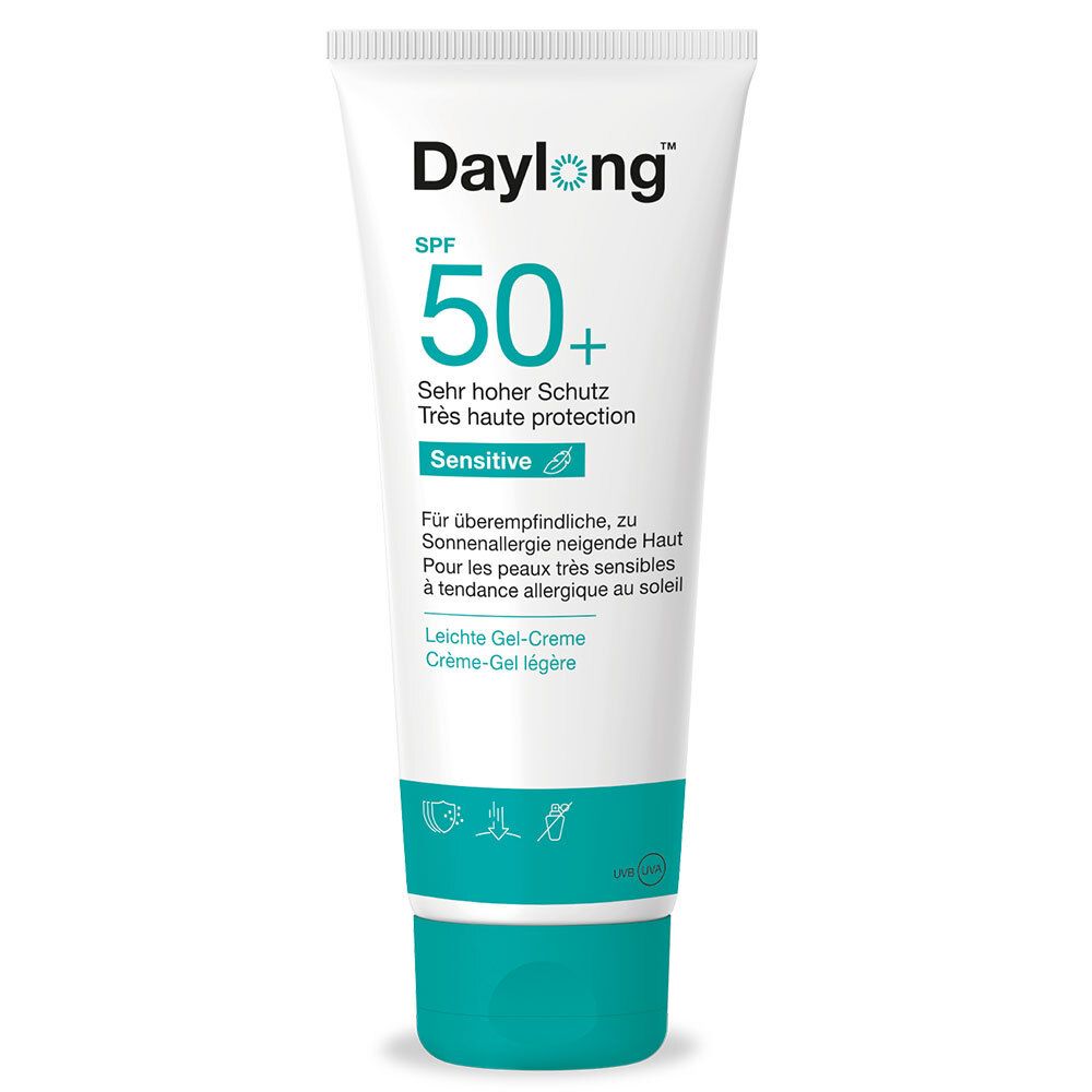Tube Daylong SPF 50+ Sensitive, crème-gel légère. Inscription SPF 50+, Très haute protection, Sensitive. Fond blanc, bouchon bleu.