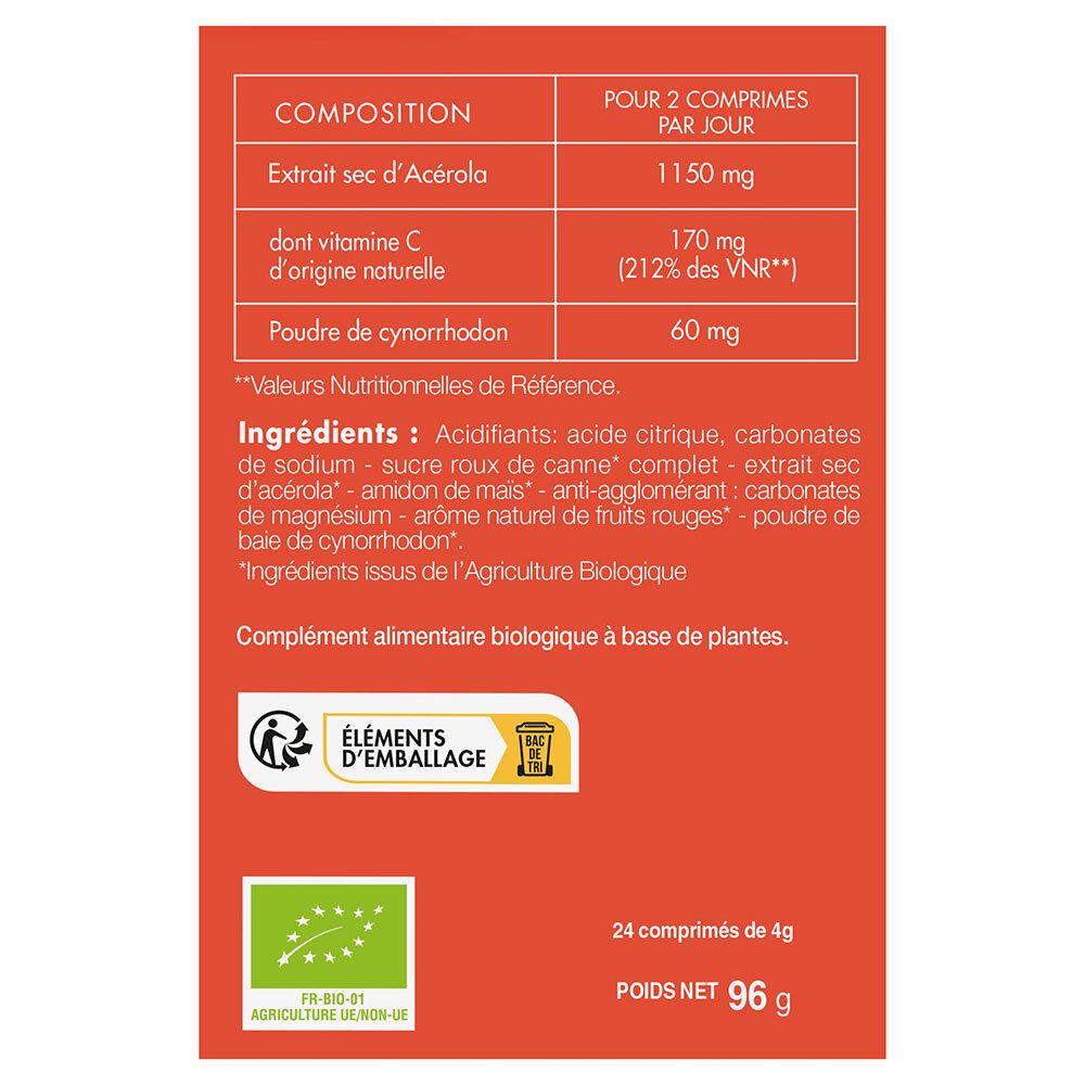 Dos de la boîte de PHYTOACT ACEROLA BIO 1000 CPR EFF24. Ingrédients, informations nutritionnelles, label bio, 24 comprimés, 96 g.