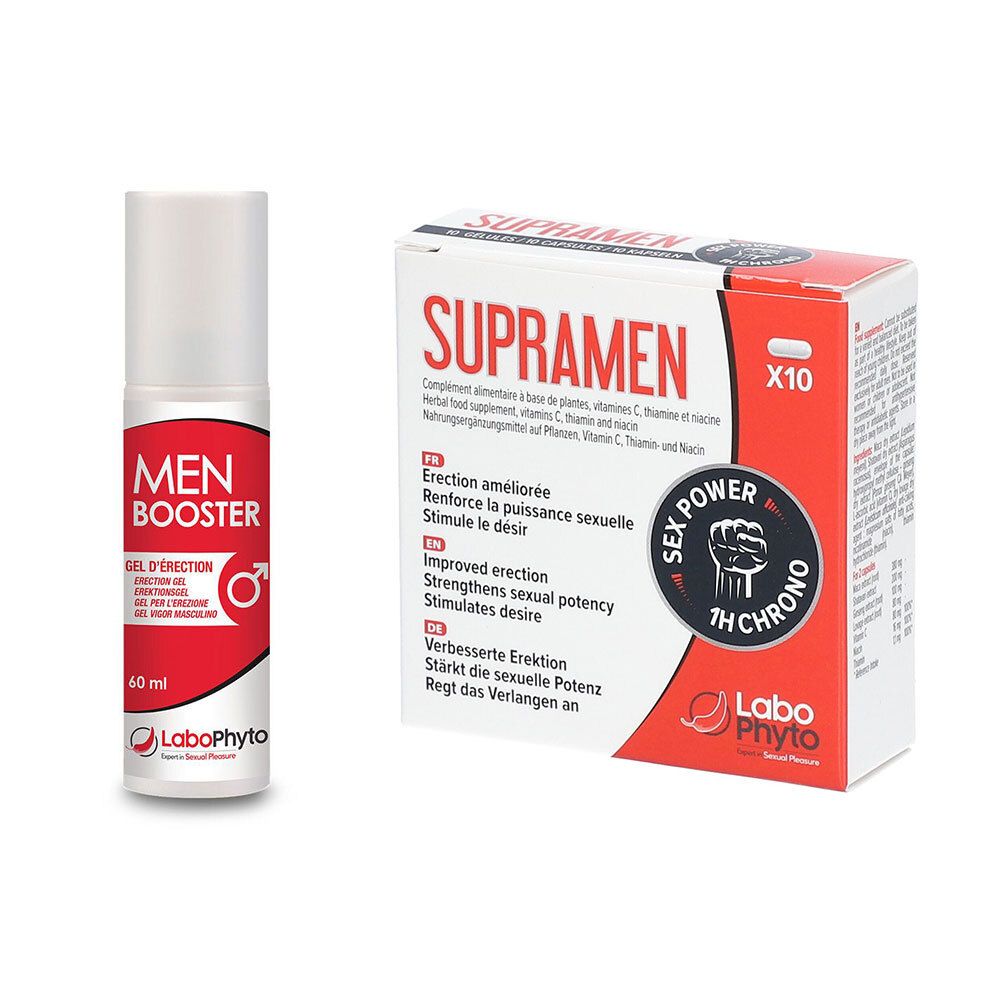 Deux produits : un flacon de gel "Men Booster" et une boîte "Supramen" avec l'inscription "X10".