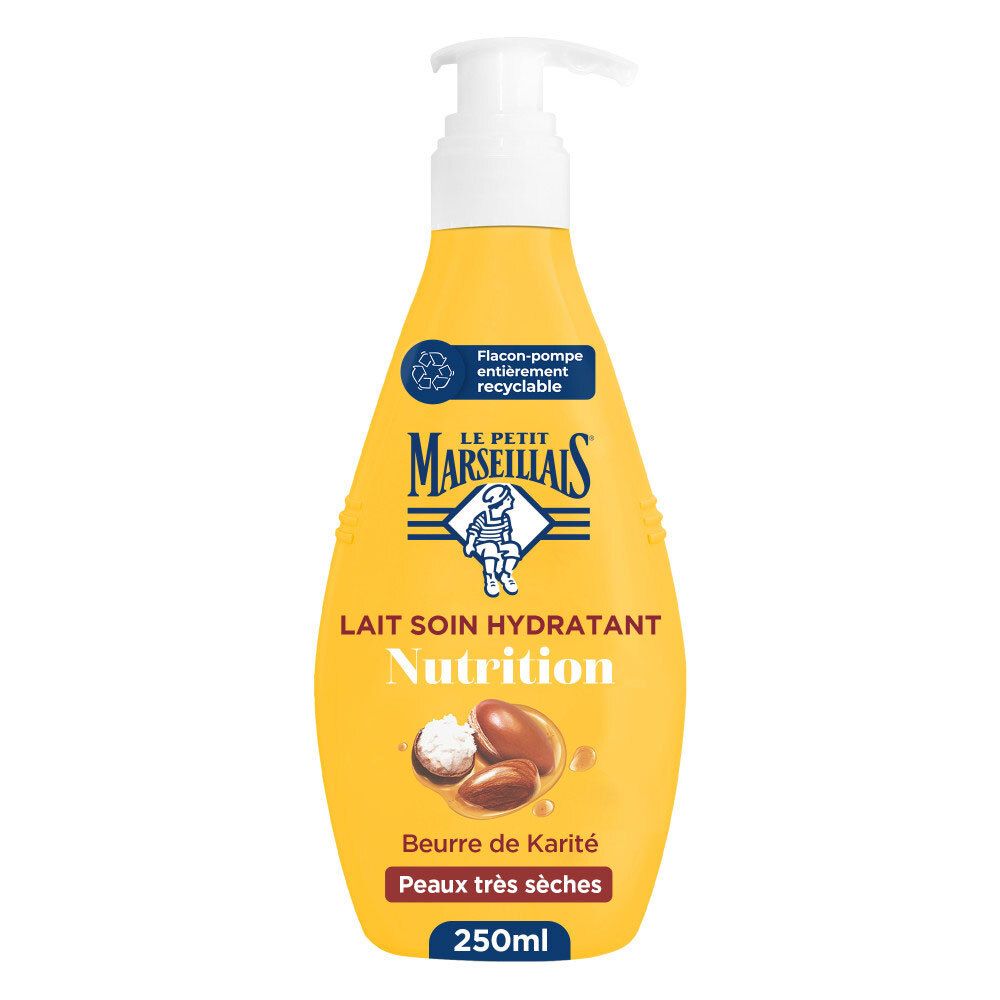 Flacon pompe jaune Le Petit Marseillais Lait Soin Nutrition avec Karité, Amande & Argan pour peaux très sèches.