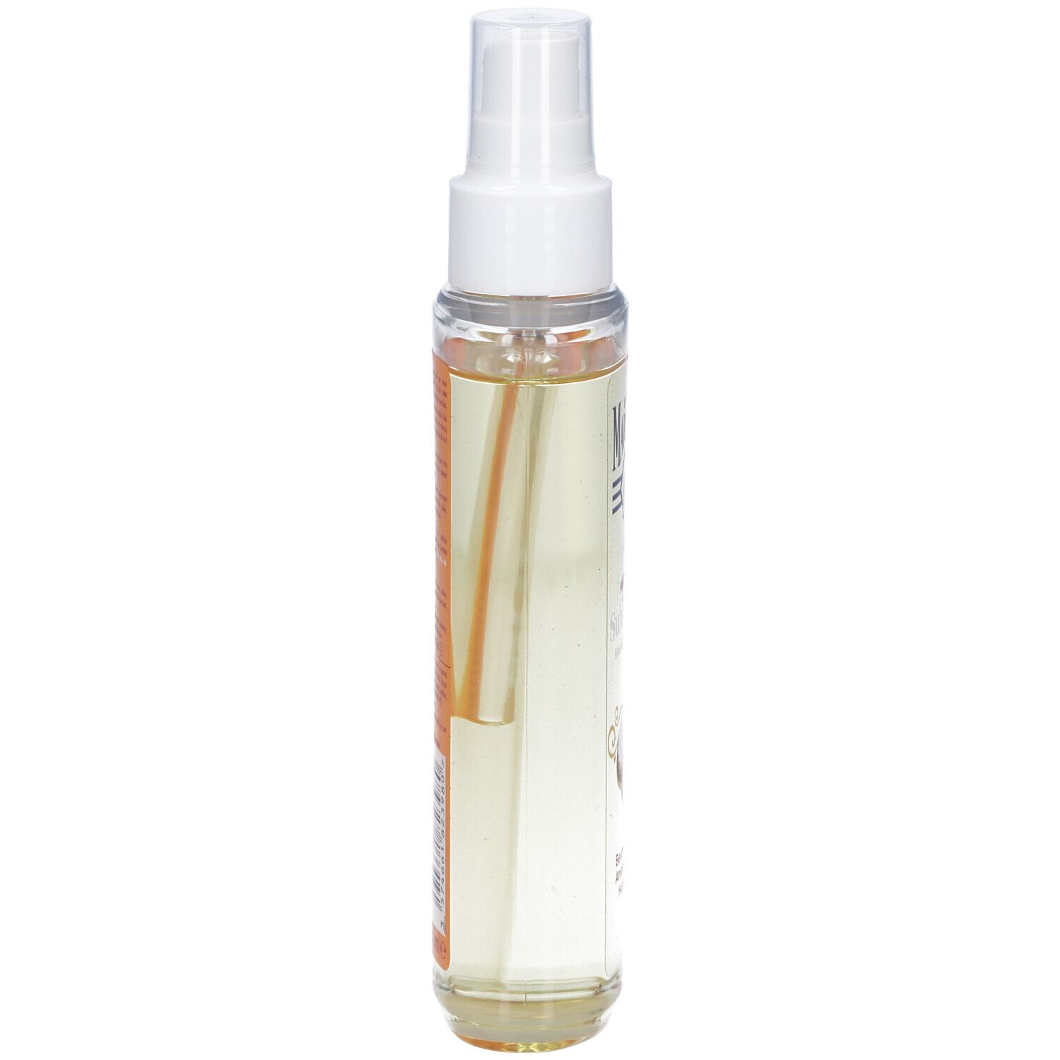 Flacon spray d'huile pour le corps, vue latérale. Verre transparent avec informations produit sur l'étiquette.