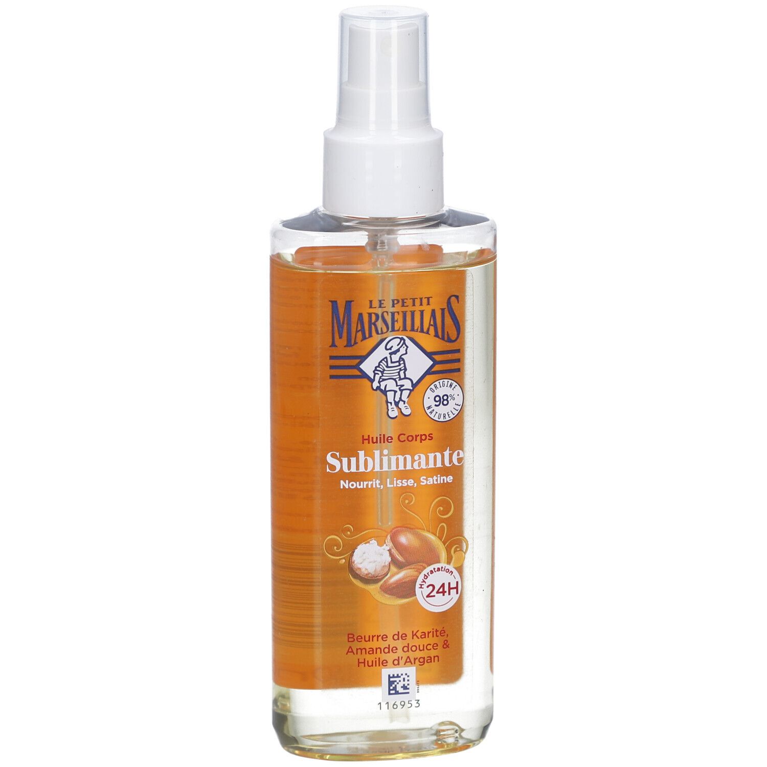 Flacon spray d'huile pour le corps. Verre transparent, tête de pulvérisation blanche. Étiquette avec logo et nom du produit.