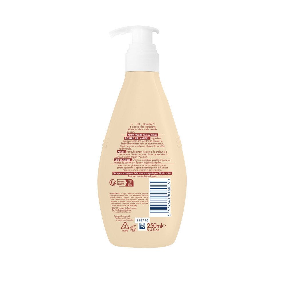 Arrière d'un flacon de lait soin Le Petit Marseillais, avec liste d'ingrédients et code-barres.