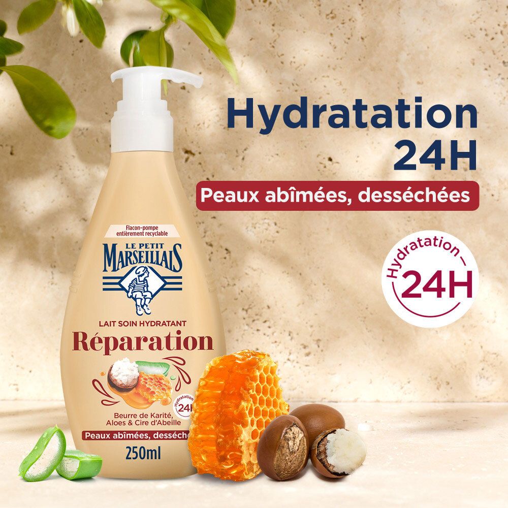 Lait soin hydratant Le Petit Marseillais, 24h d'hydratation, karité, aloe et cire d'abeille.
