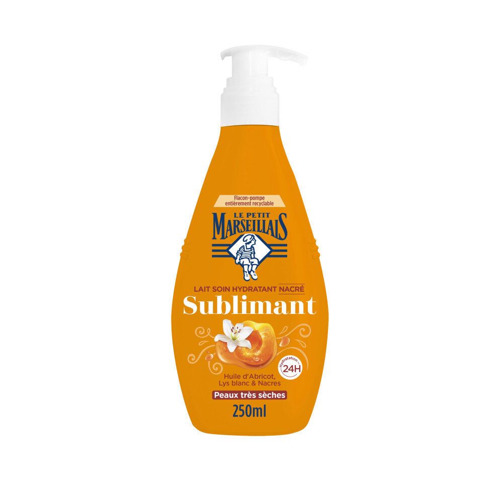Flacon orange avec pompe, Lait soin hydratant nacré, 250ml.