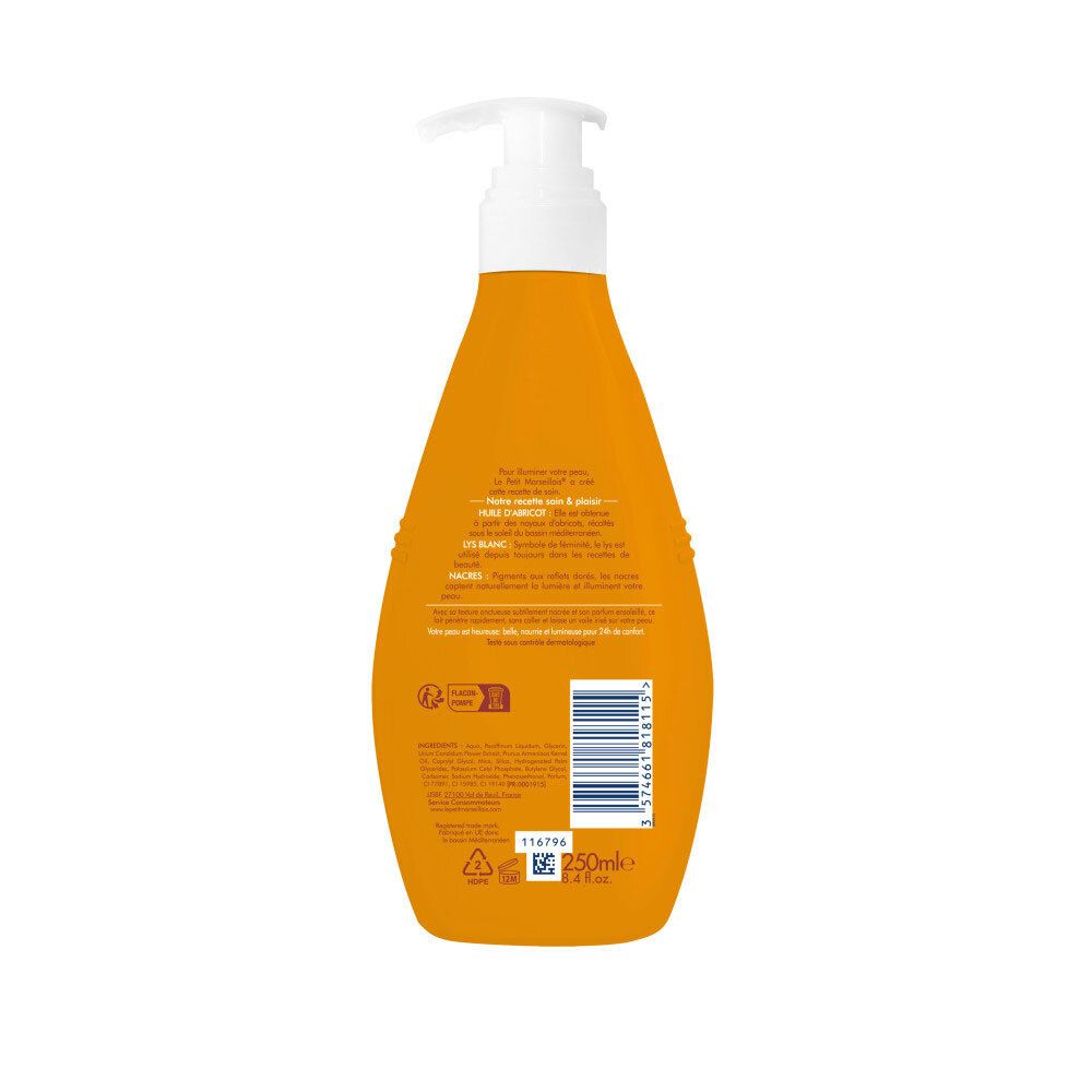 Arrière d'un flacon orange avec pompe, Lait soin hydratant nacré.