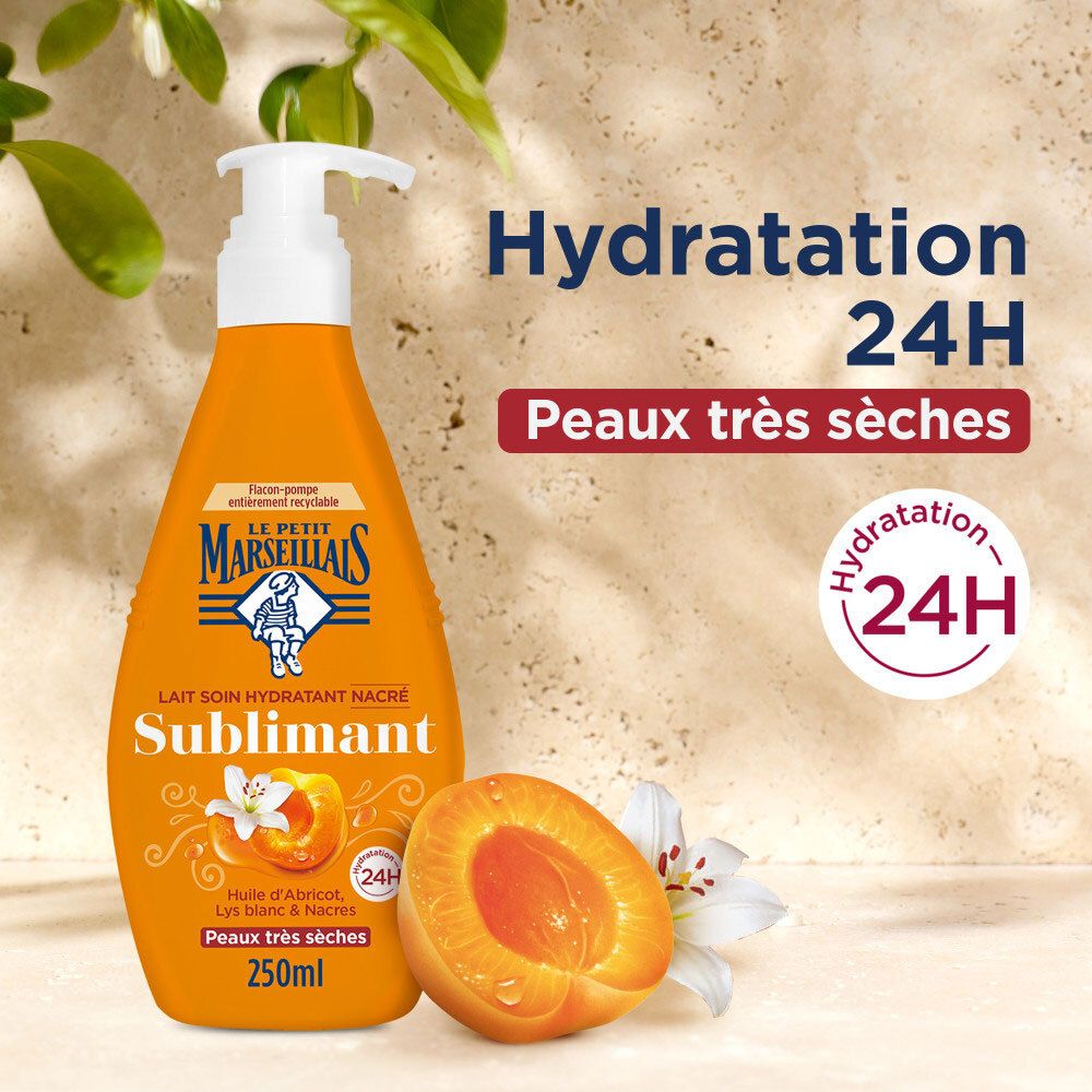 Flacon orange avec pompe, pêche et fleur, hydratation 24h.