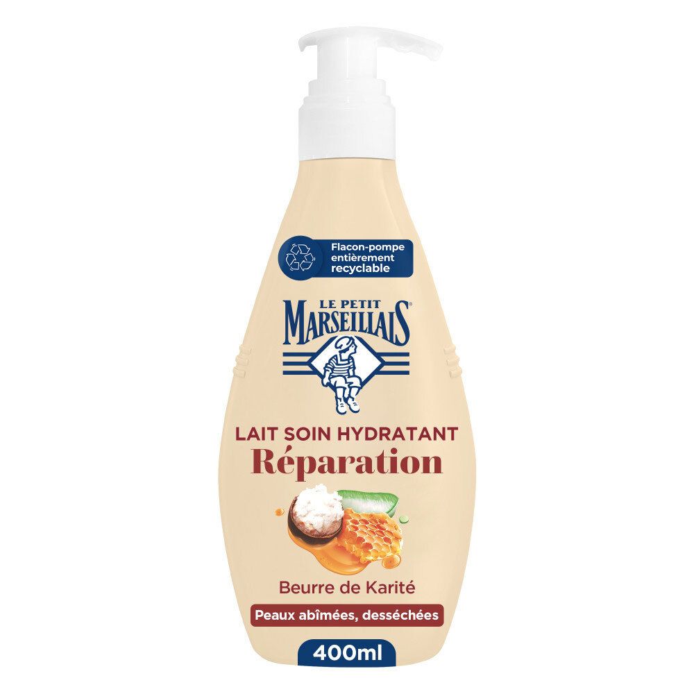 Bouteille beige avec pompe, Le Petit Marseillais Lait Soin Hydratant Réparation, 400ml.
