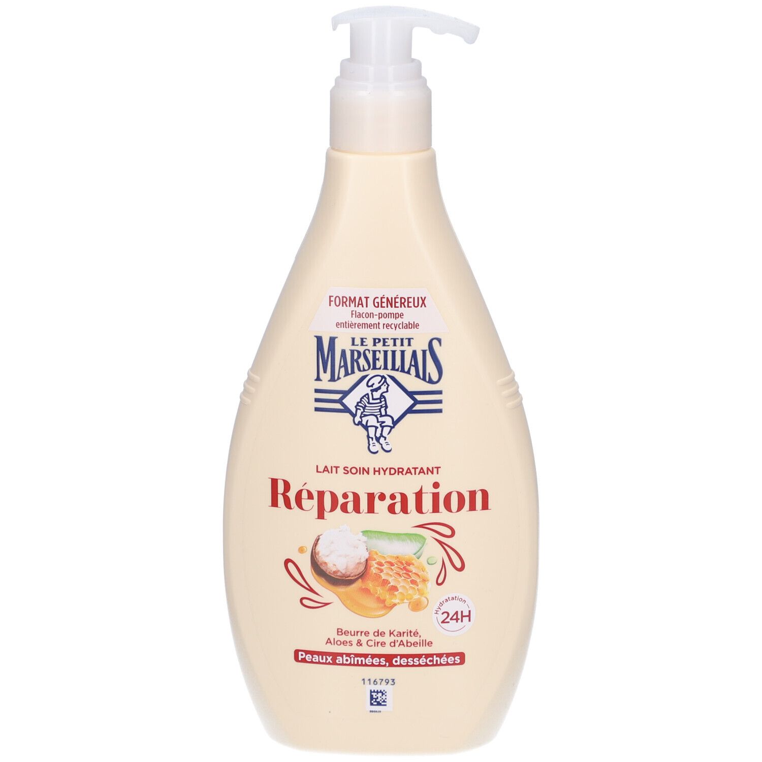 Flacon beige avec pompe. Inscription: Le Petit Marseillais, Réparation. Illustration de karité, aloe vera et miel. 24H.