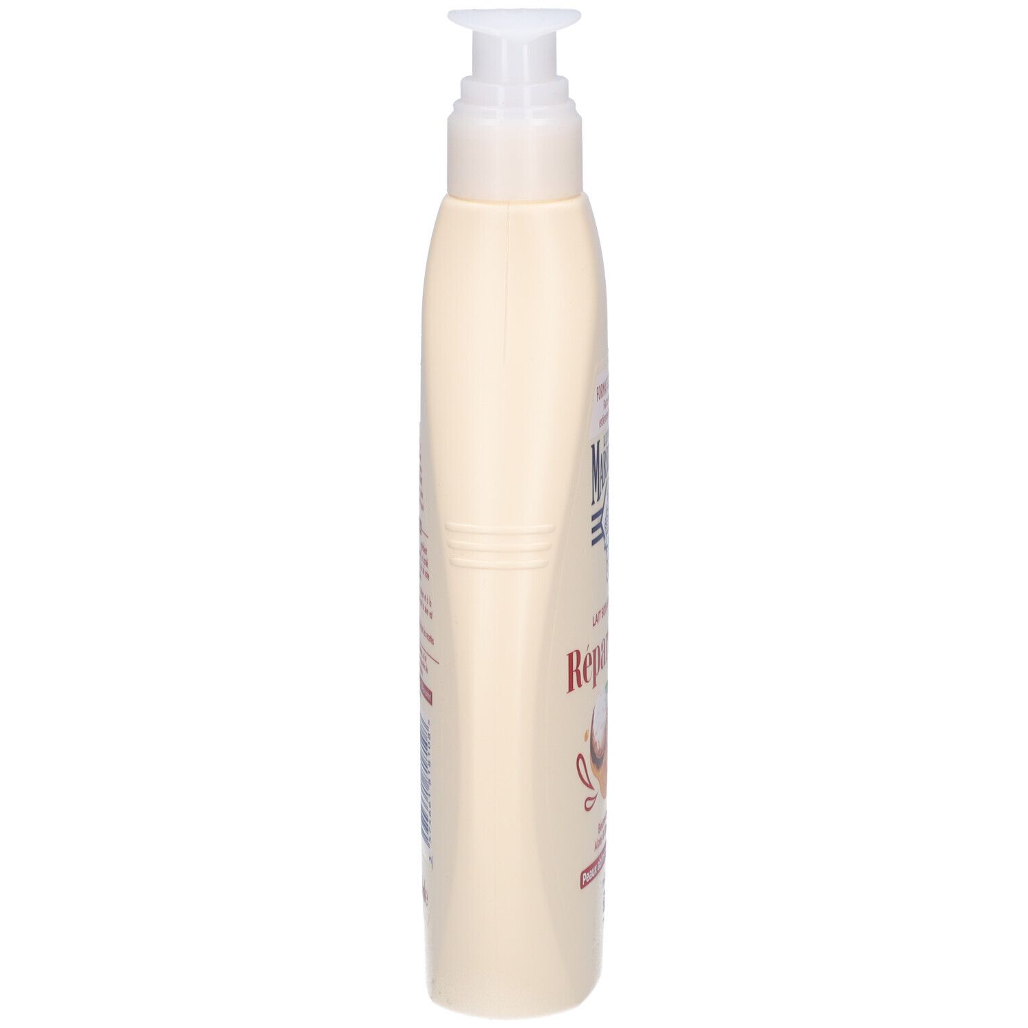 Flacon beige avec pompe, vue latérale. Texte et informations sur le flacon.