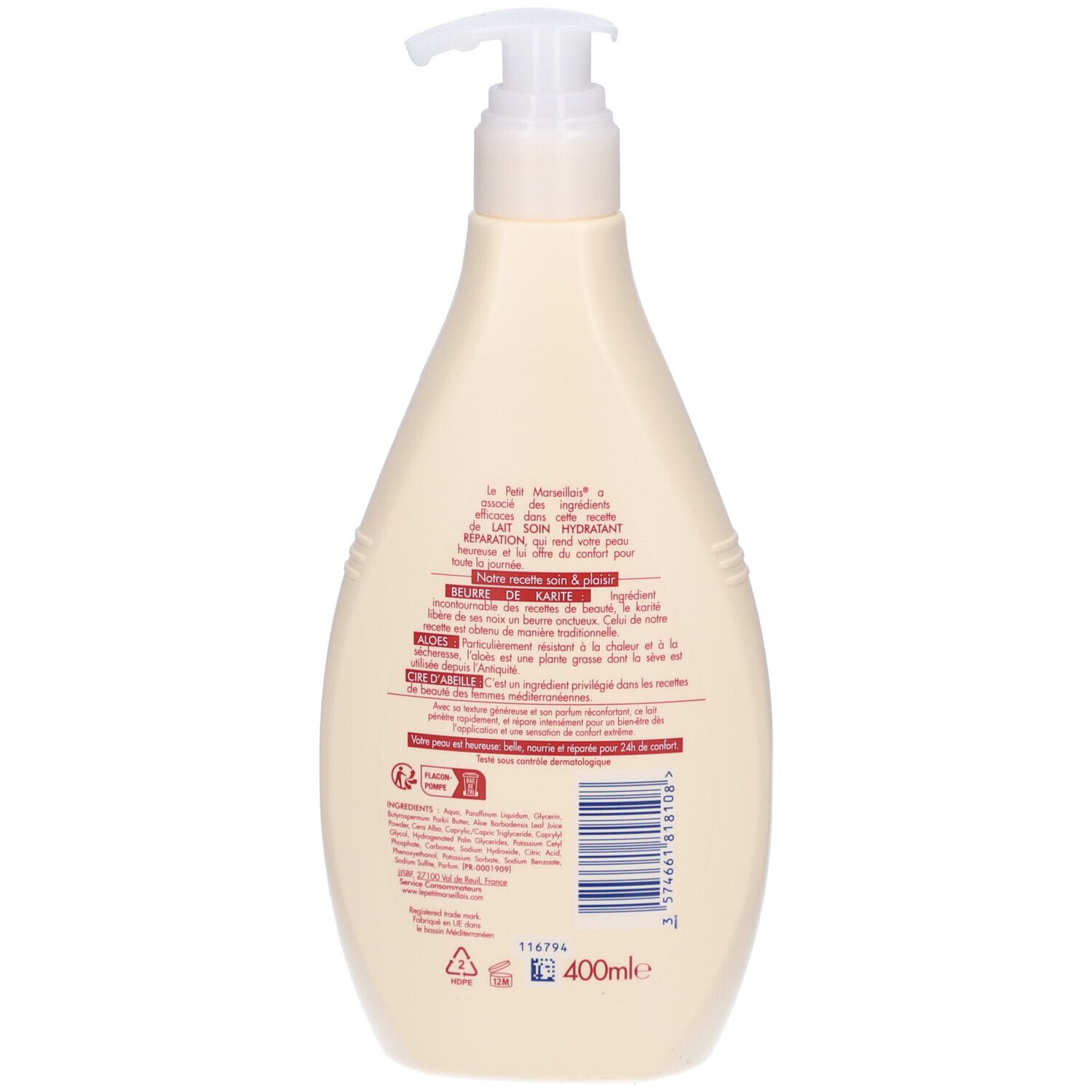 Dos d'un flacon beige avec pompe. Texte et informations sur le flacon.