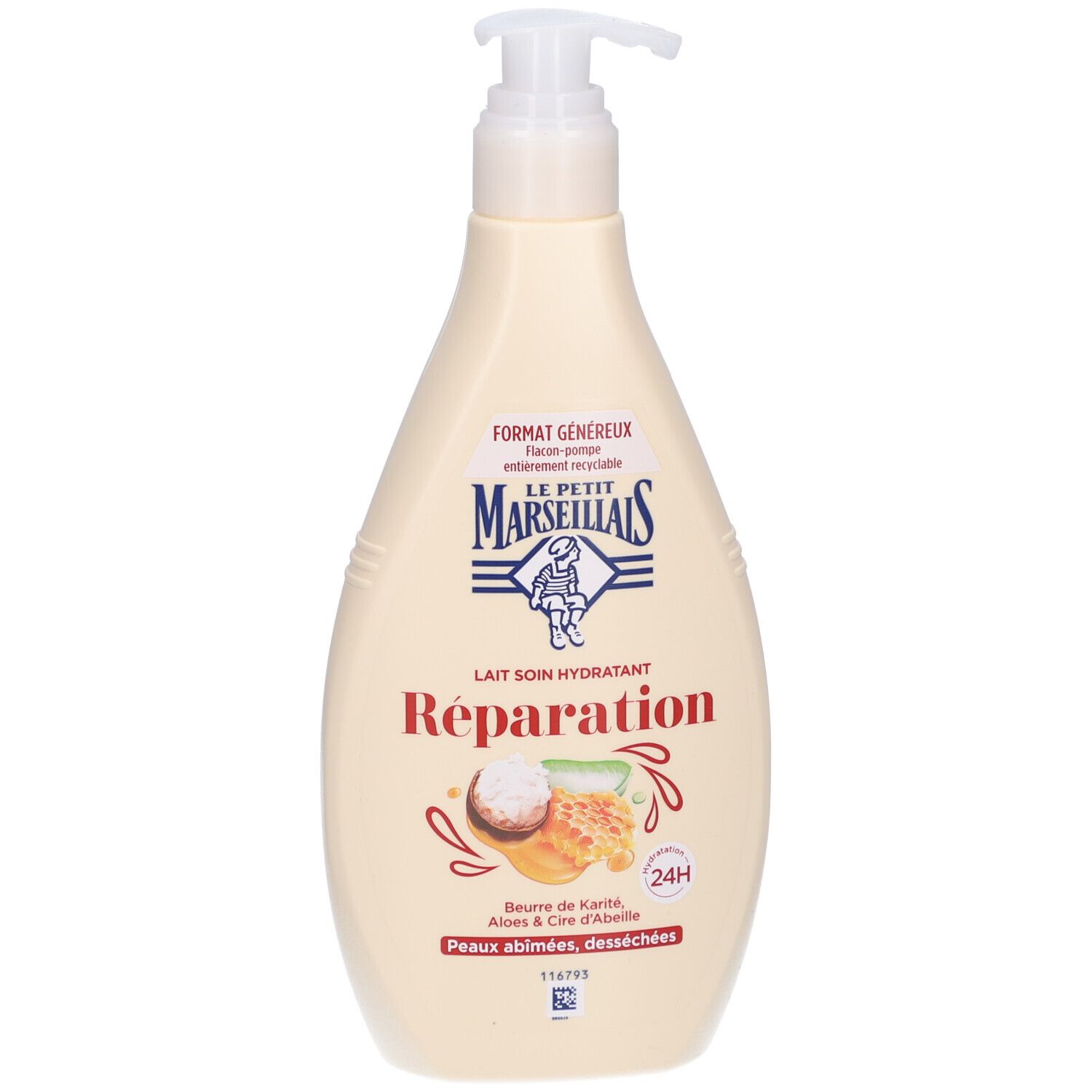 Flacon beige avec pompe. Inscription: Le Petit Marseillais, Réparation. Illustration de karité, aloe vera et miel. 24H.