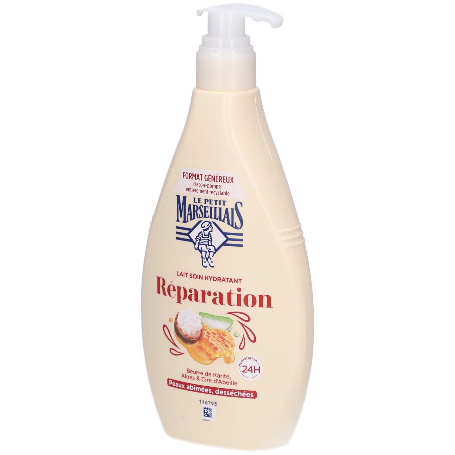 Flacon beige avec pompe. Inscription: Le Petit Marseillais, Réparation. Illustration de karité, aloe vera et miel. 24H.