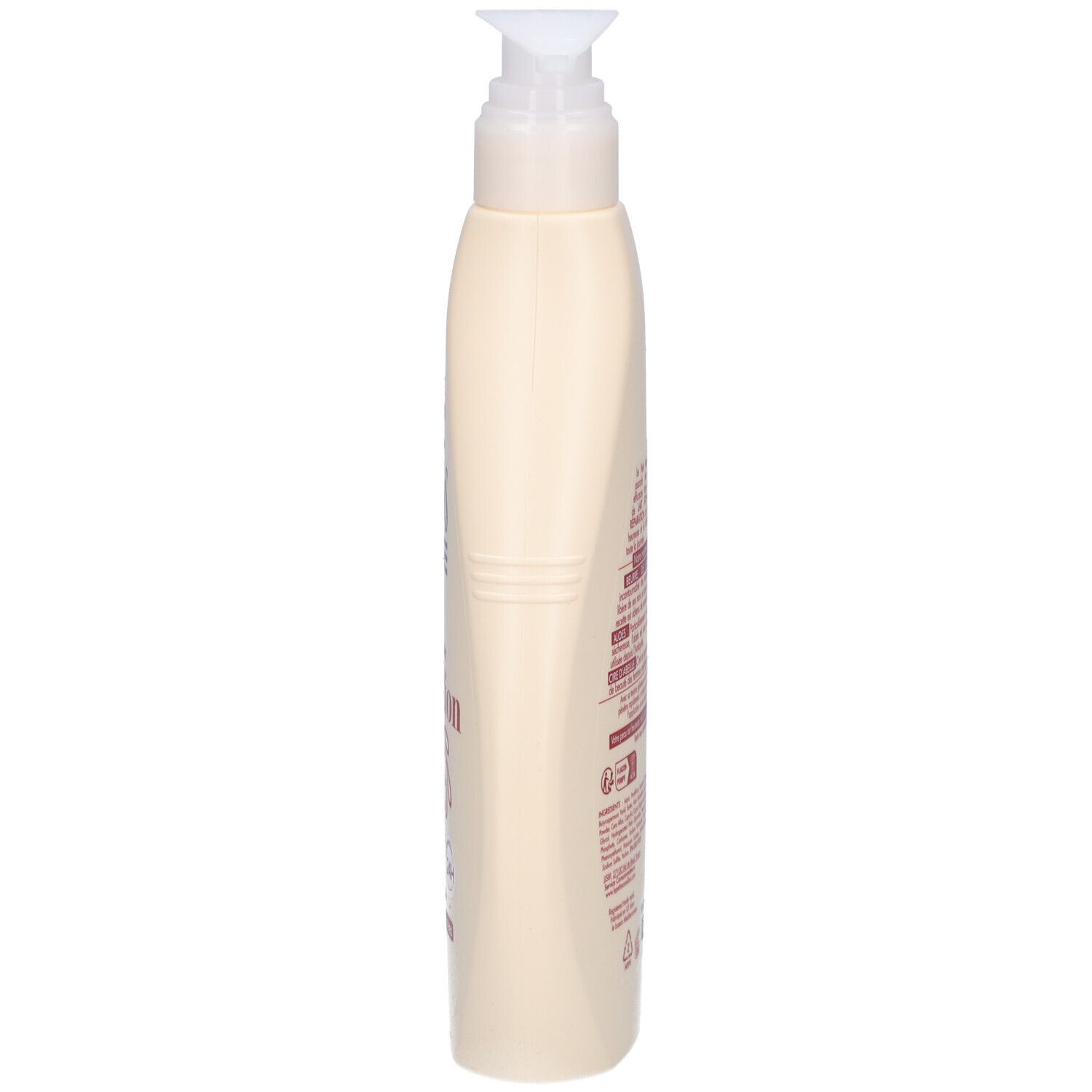 Flacon beige avec pompe, vue latérale. Texte et informations sur le flacon.