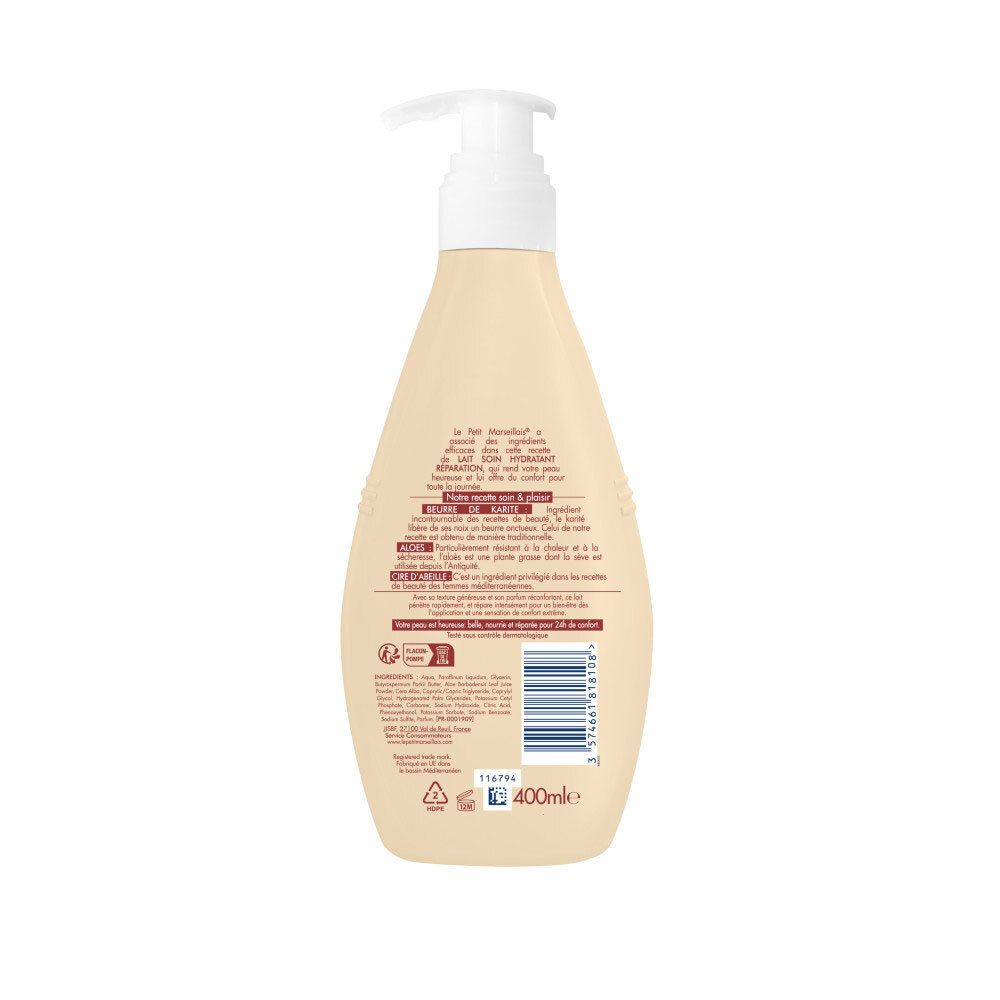 Arrière d'une bouteille beige avec pompe, Le Petit Marseillais Lait Soin Hydratant Réparation, 400ml.