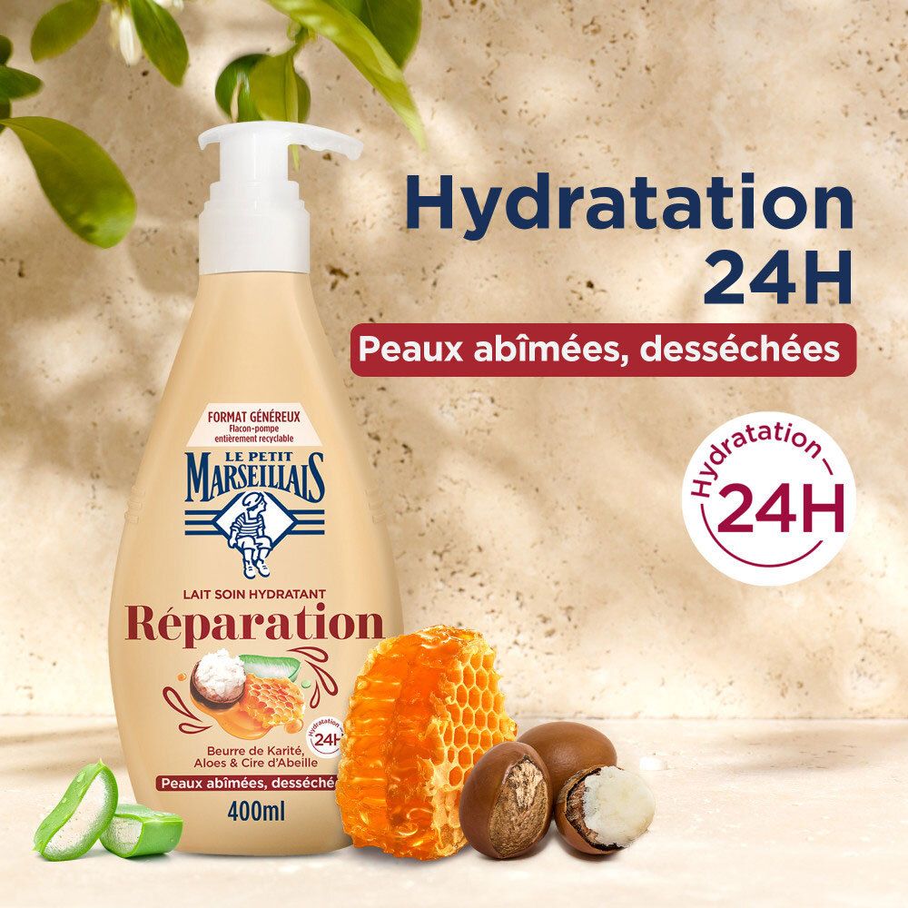 Bouteille beige avec pompe, Le Petit Marseillais Lait Soin Hydratant Réparation, 400ml, avec aloe vera, karité et cire d'abeille.