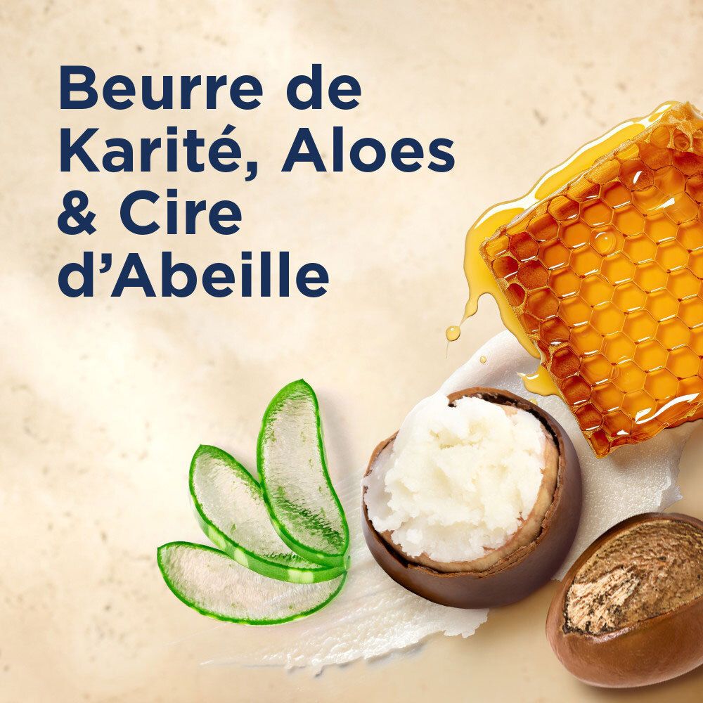 Ingrédients: Beurre de karité, aloe vera et cire d'abeille, avec rayon de miel et noix de karité.