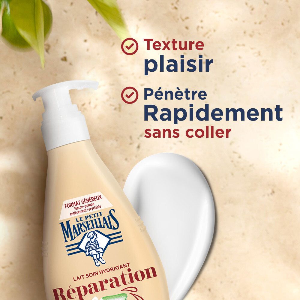 Bouteille beige avec pompe, Le Petit Marseillais Lait Soin Hydratant Réparation, 400ml. Texte: Texture plaisir, Pénètre rapidement sans coller.