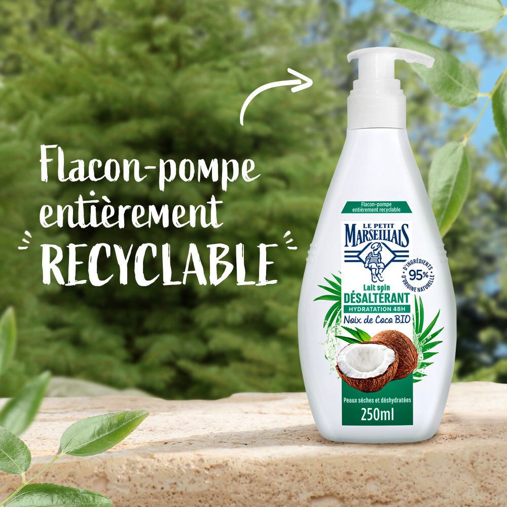 Flacon pompe entièrement recyclable avec motif noix de coco.