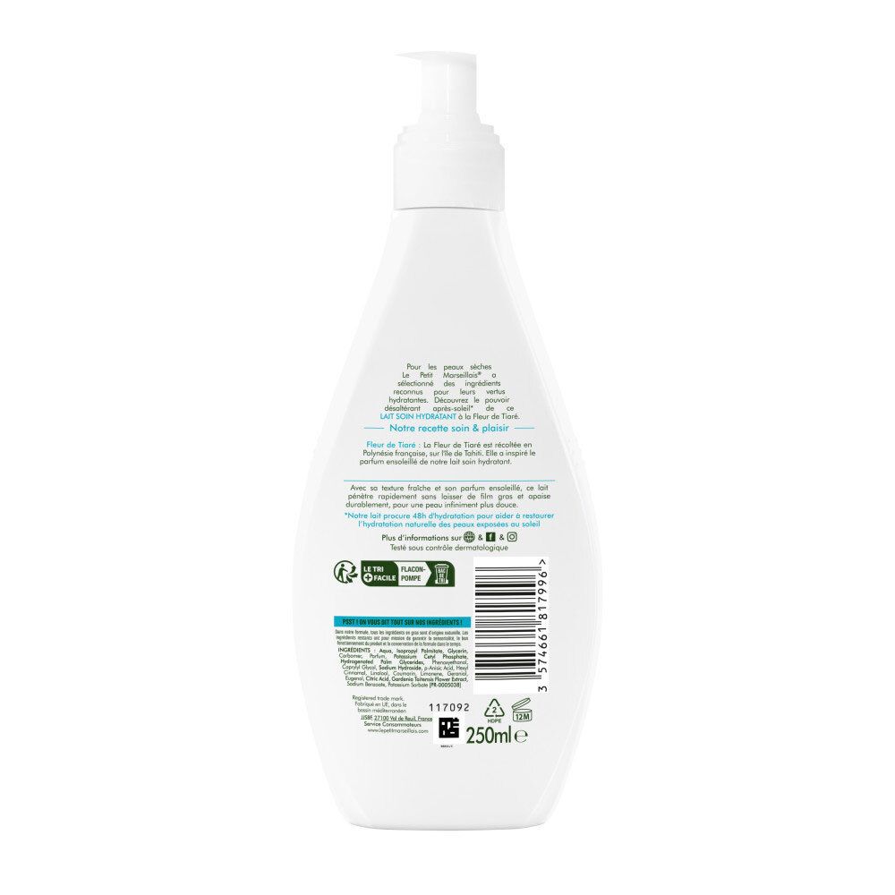 Arrière d'un flacon pompe blanc avec informations produit et symboles de recyclage.