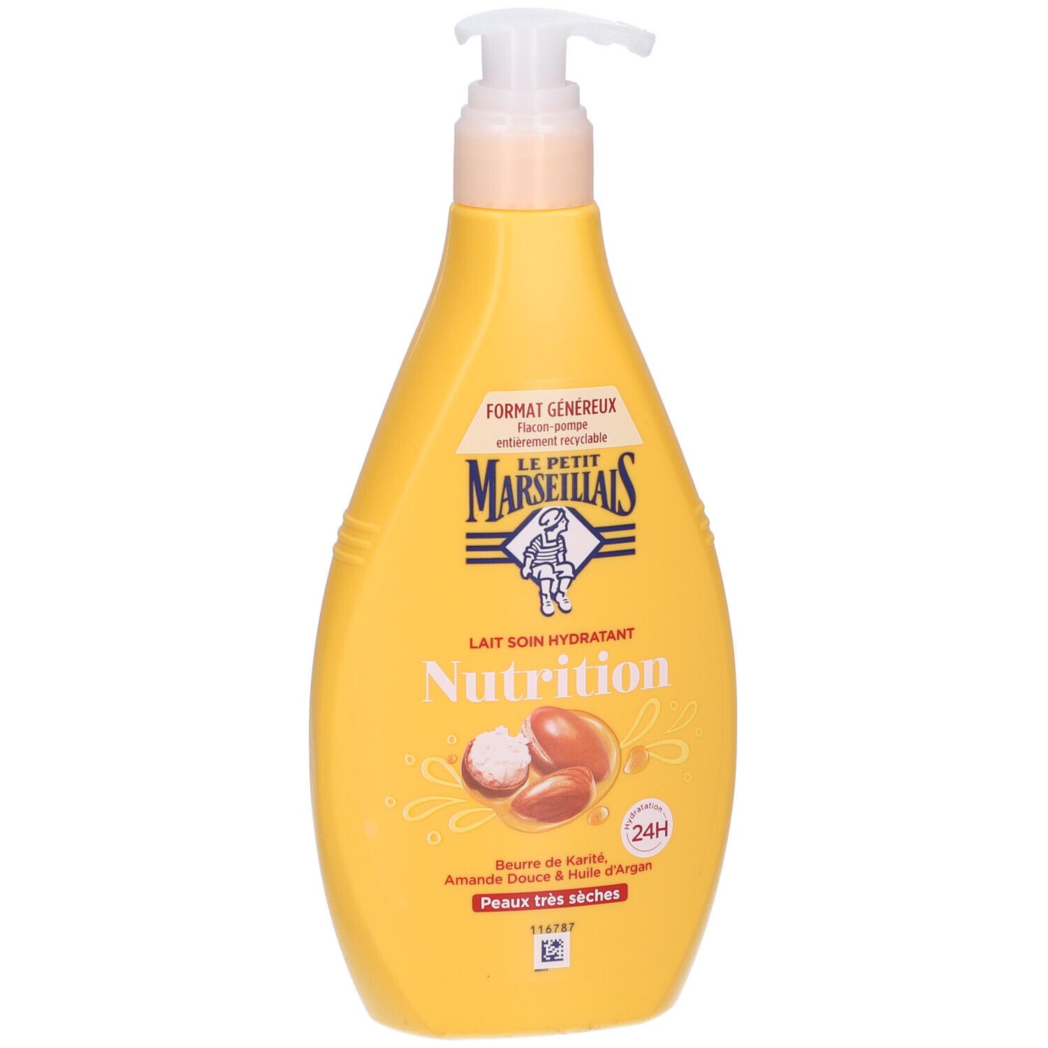 Flacon jaune avec pompe. Inscription: Lait Soin Hydratant Nutrition. Beurre de Karité, Amande Douce & Huile d'Argan.
