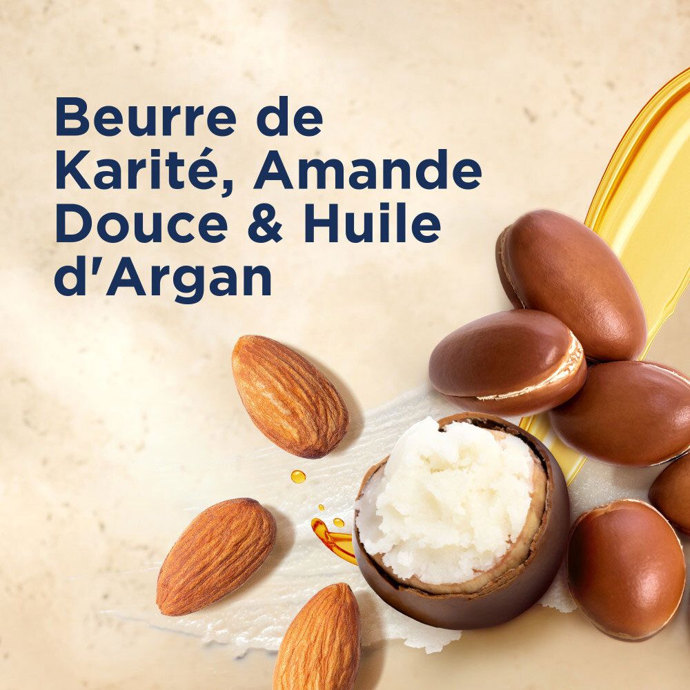 Ingrédients : Karité, Amande Douce et Huile d'Argan, représentés avec des noix et des gouttes d'huile.