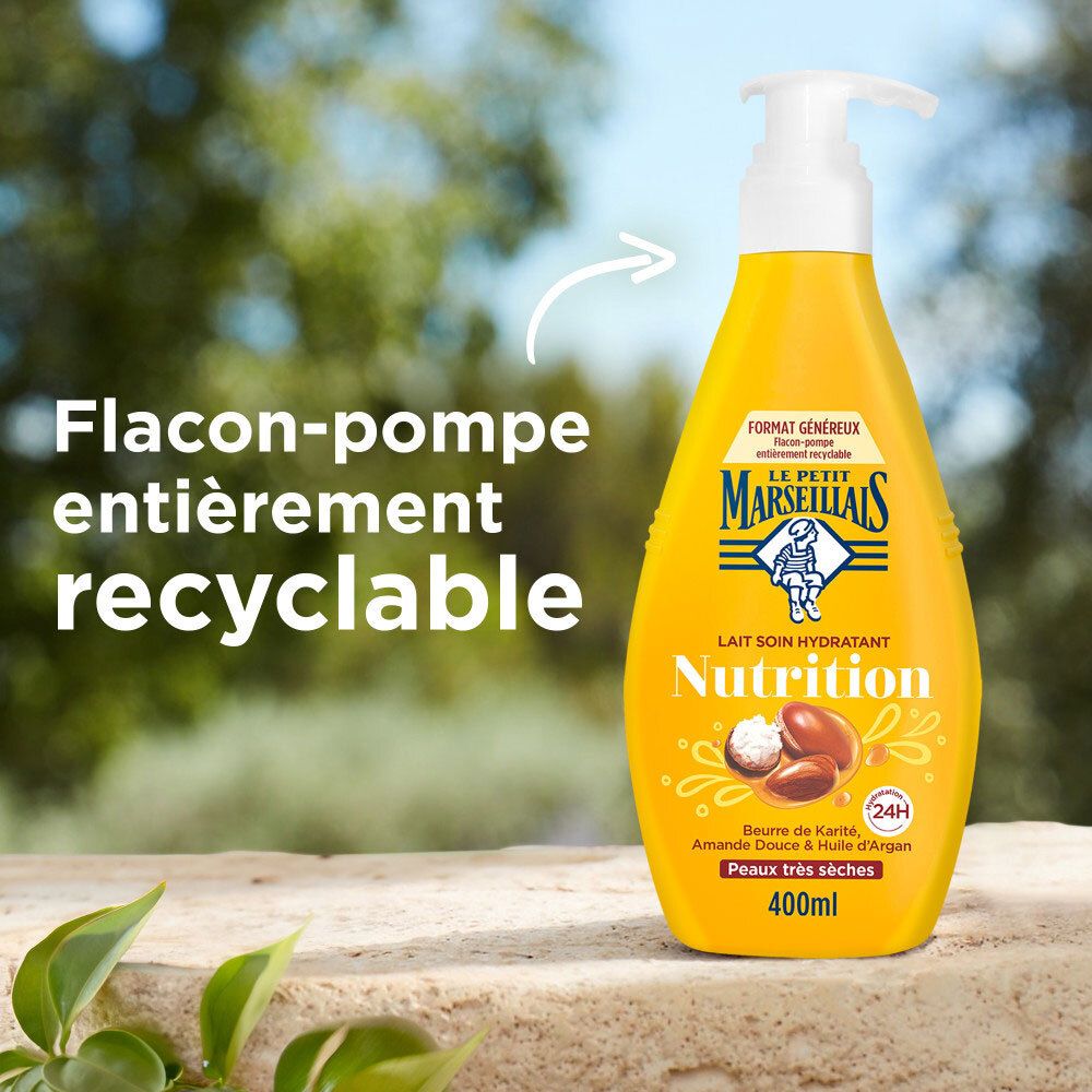 Flacon pompe jaune Le Petit Marseillais Lait Soin Hydratant Nutrition, texte : "Flacon-pompe entièrement recyclable".
