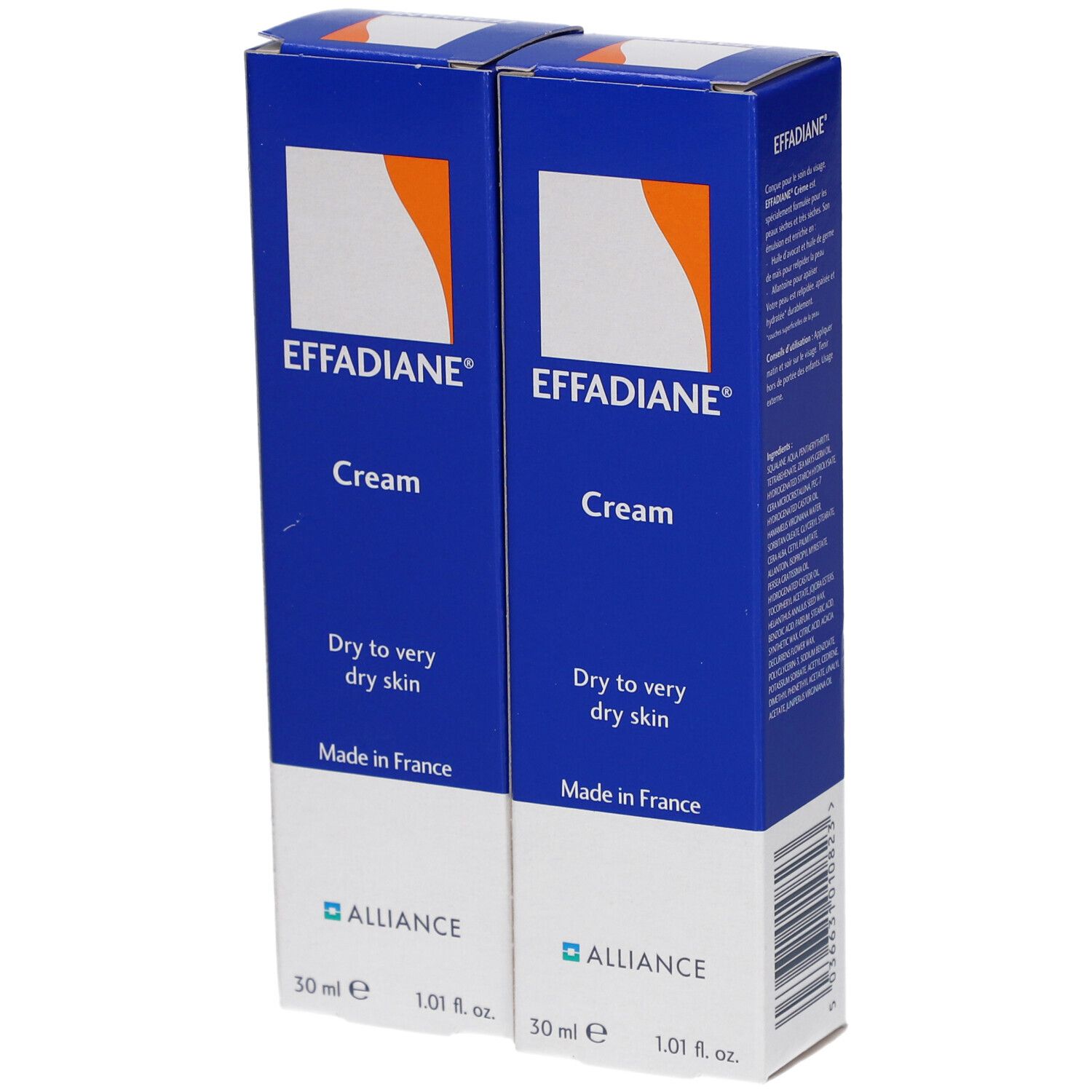 Deux boîtes bleues "EFFADIANE Cream". Texte: "Dry to very dry skin". Fabriqué en France. 30 ml. Logo Alliance.