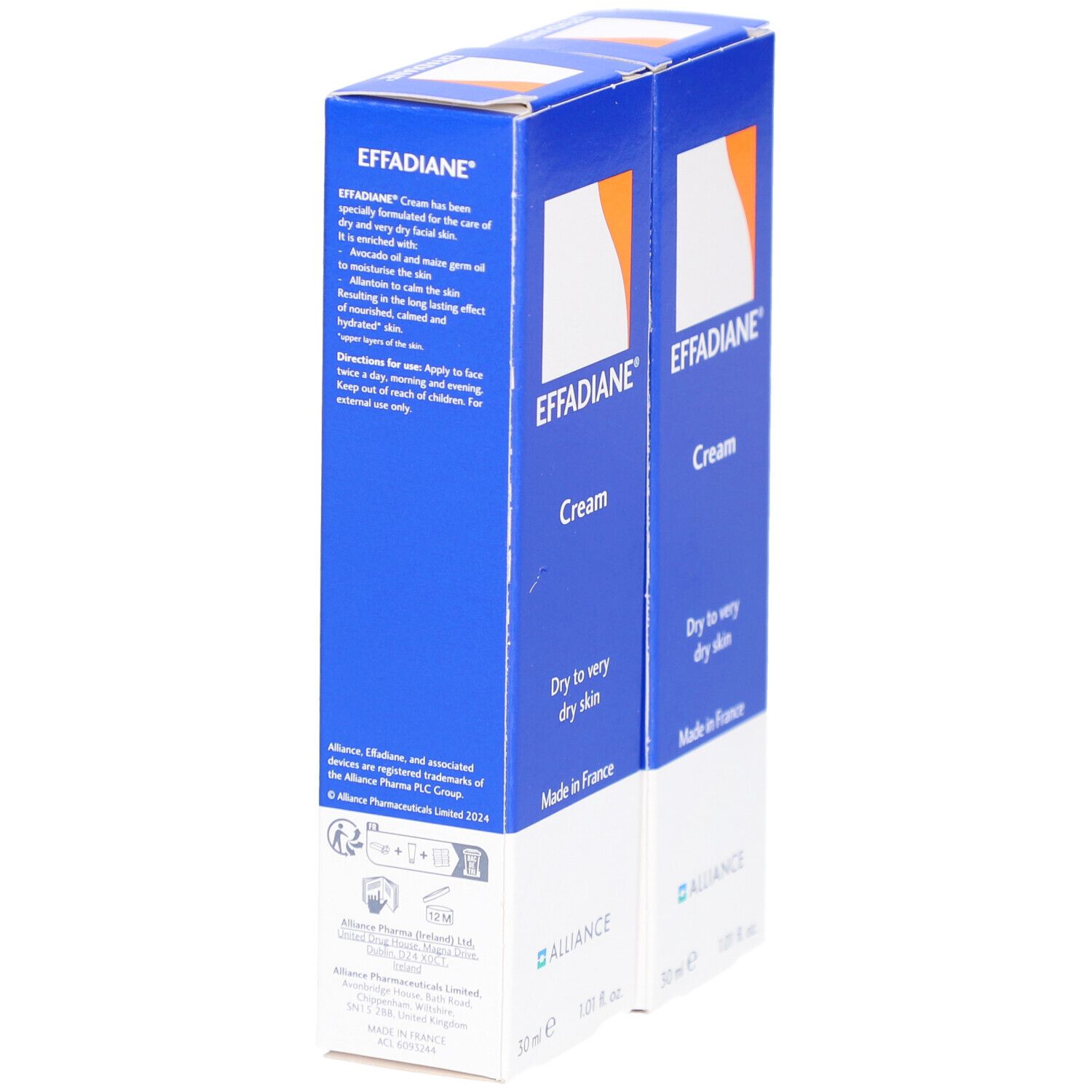 Deux boîtes bleues "EFFADIANE Cream". Texte: "Dry to very dry skin". Fabriqué en France. 30 ml. Arrière avec texte.