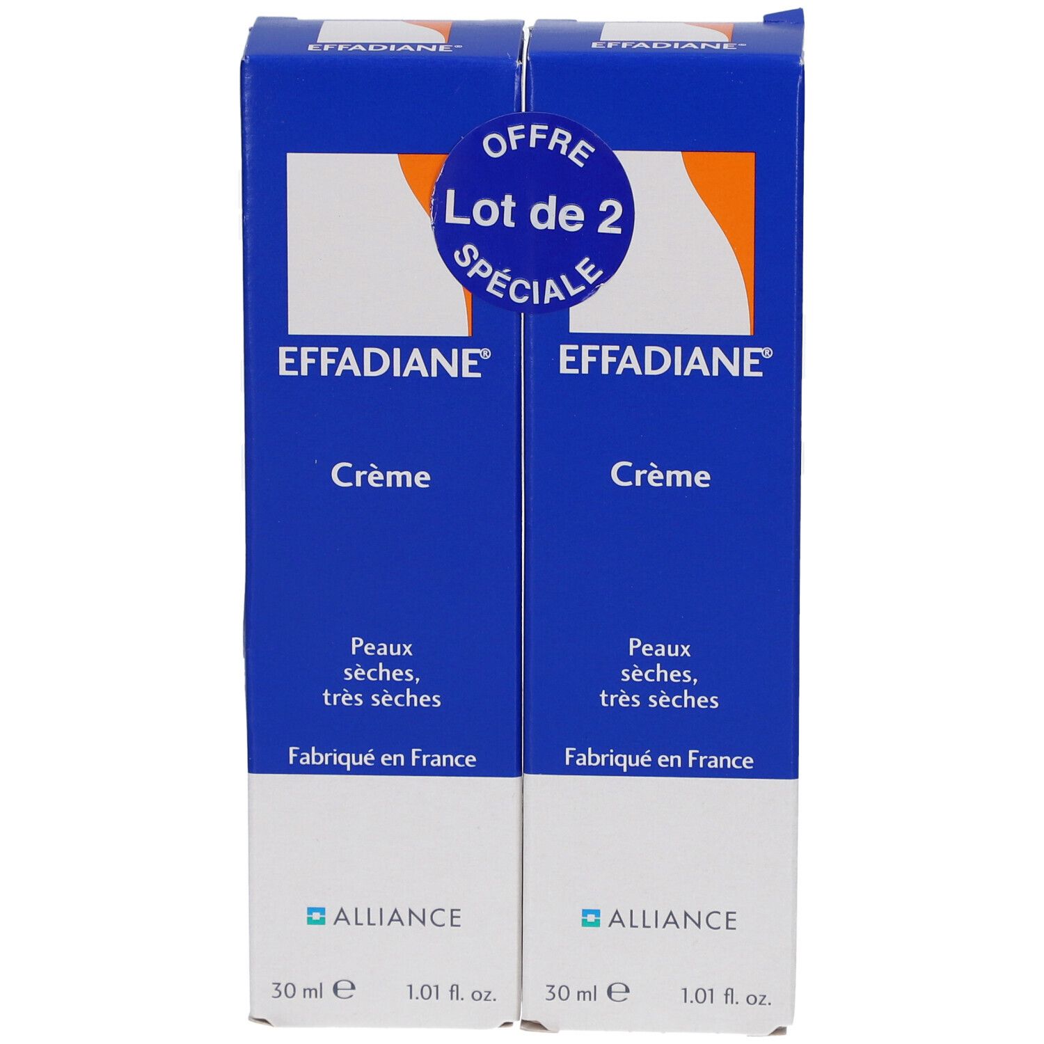 Deux boîtes bleues "EFFADIANE Crème". Texte: "Peaux sèches, très sèches". "Lot de 2". Fabriqué en France. 30 ml.