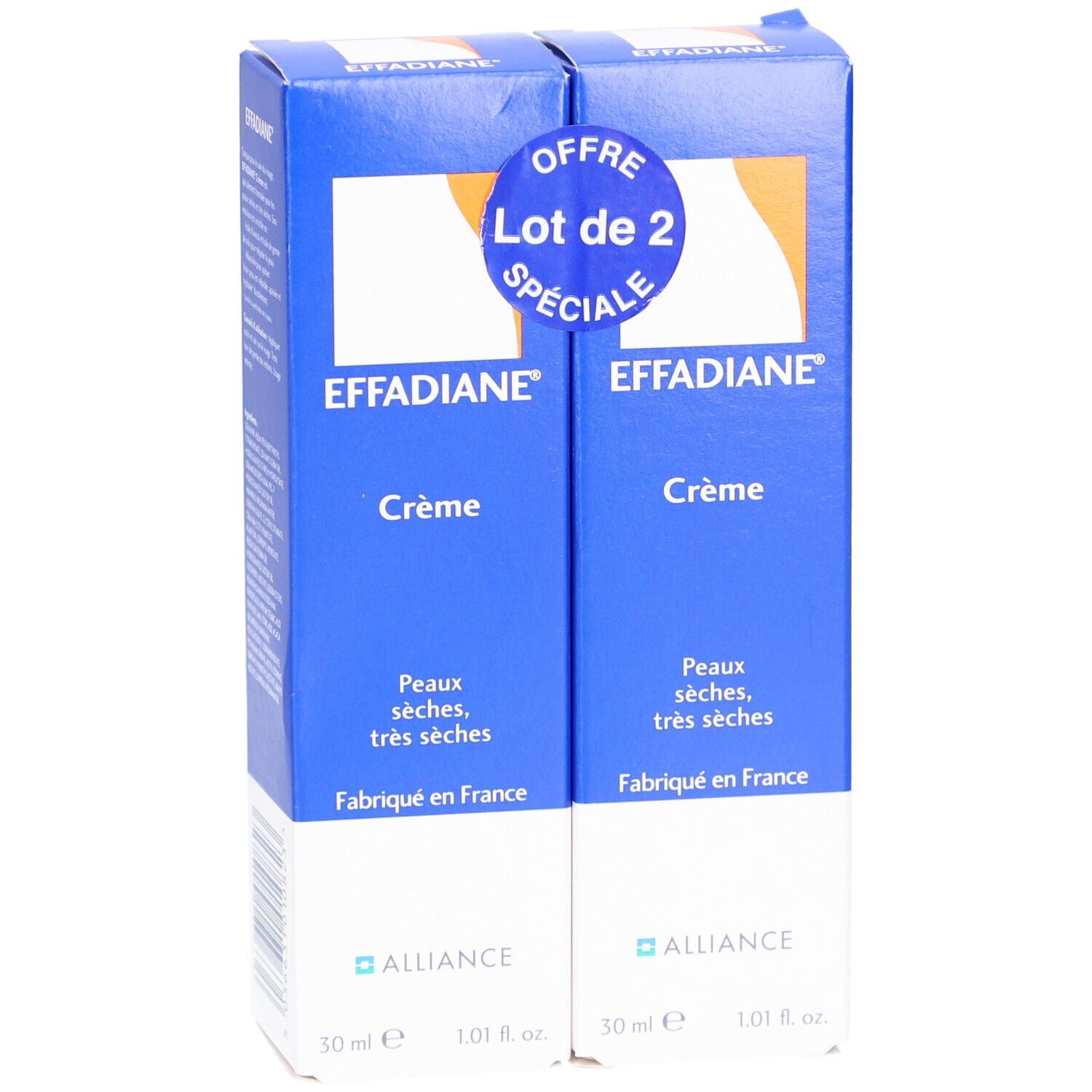 Deux boîtes bleues "EFFADIANE Crème". Texte: "Peaux sèches, très sèches". "Lot de 2". Fabriqué en France. 30 ml.