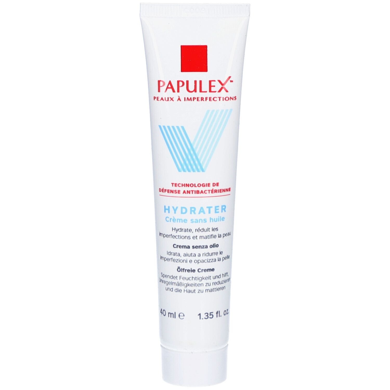 Tube blanc avec carré rouge et texte bleu. HYDRATER Crème sans huile. 40 ml. 1.35 fl. oz.