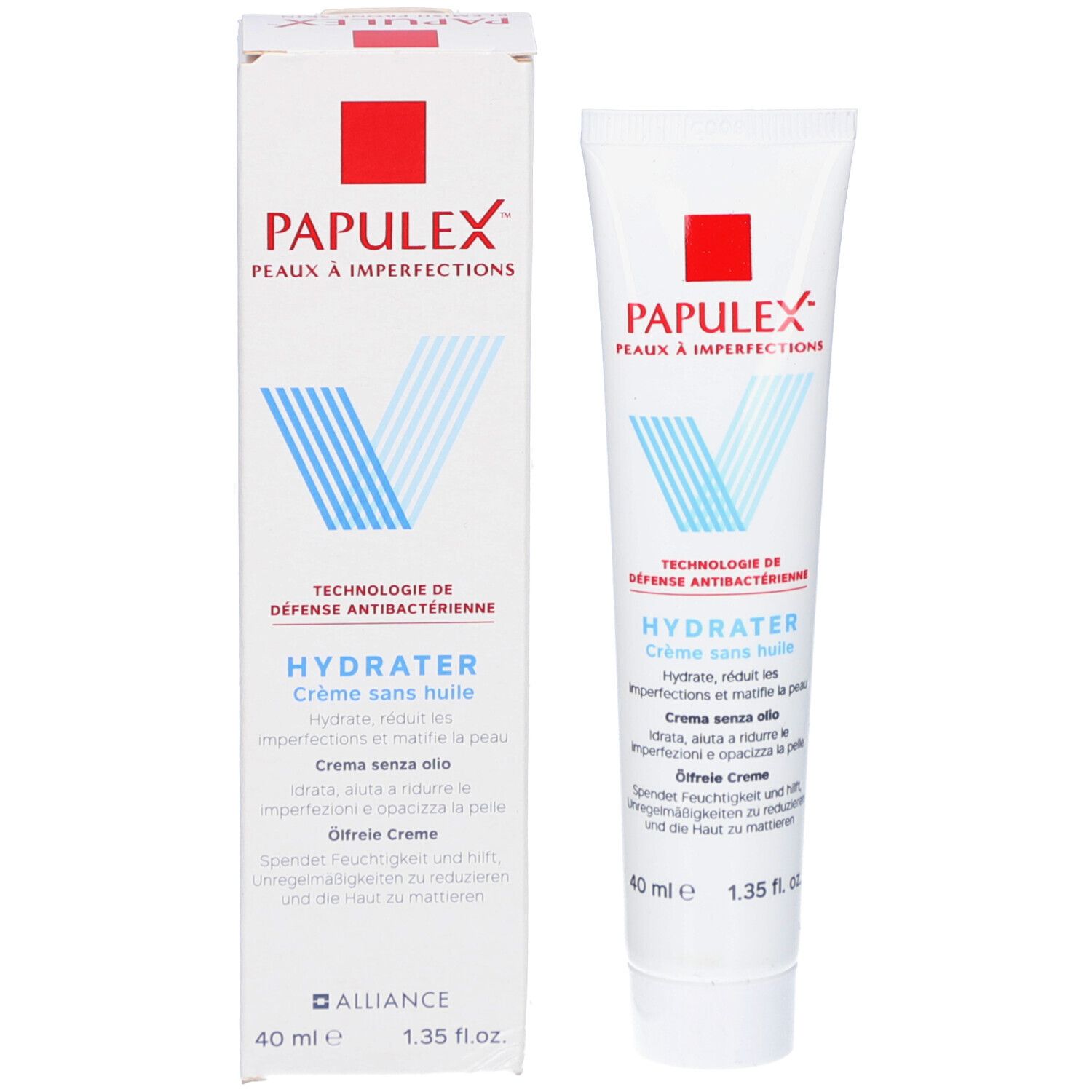 Emballage du produit: tube et boîte. Tube: blanc, rouge, bleu. Boîte: blanc, rouge, bleu. Texte: HYDRATER Crème sans huile.