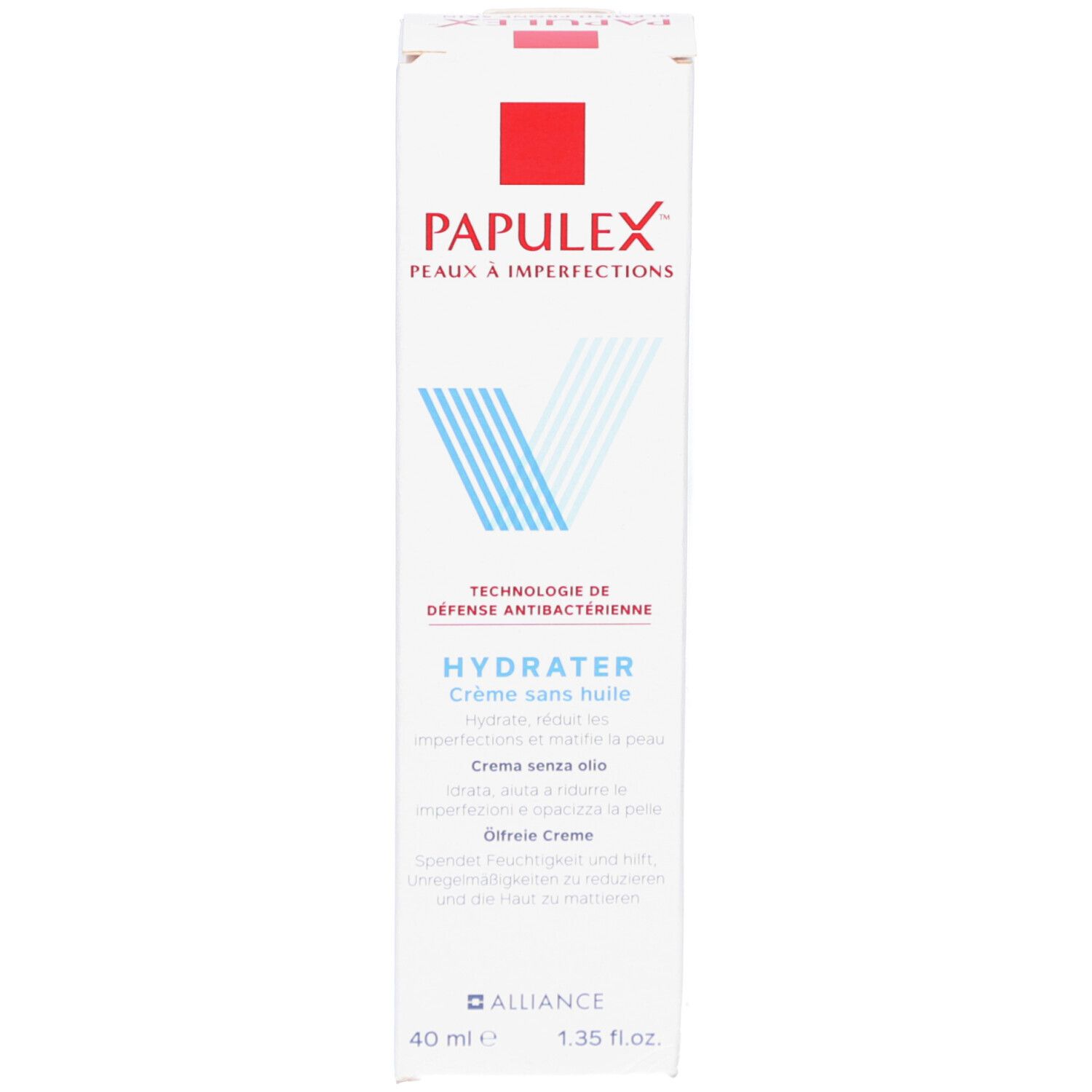 Boîte blanche avec carré rouge et texte bleu. HYDRATER Crème sans huile. 40 ml. 1.35 fl. oz.