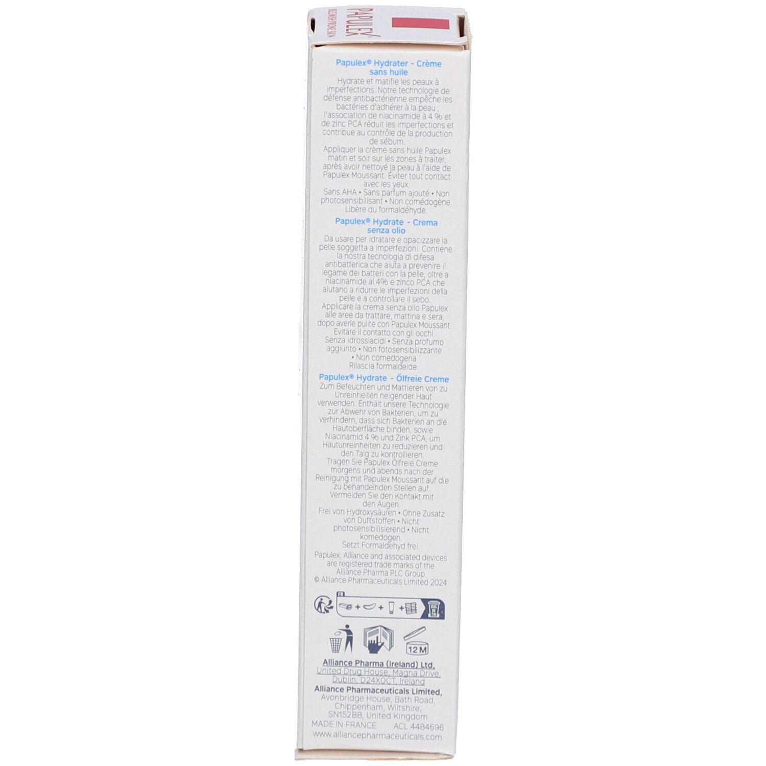 Boîte, vue latérale. Texte multilingue. Informations fabricant et symboles.