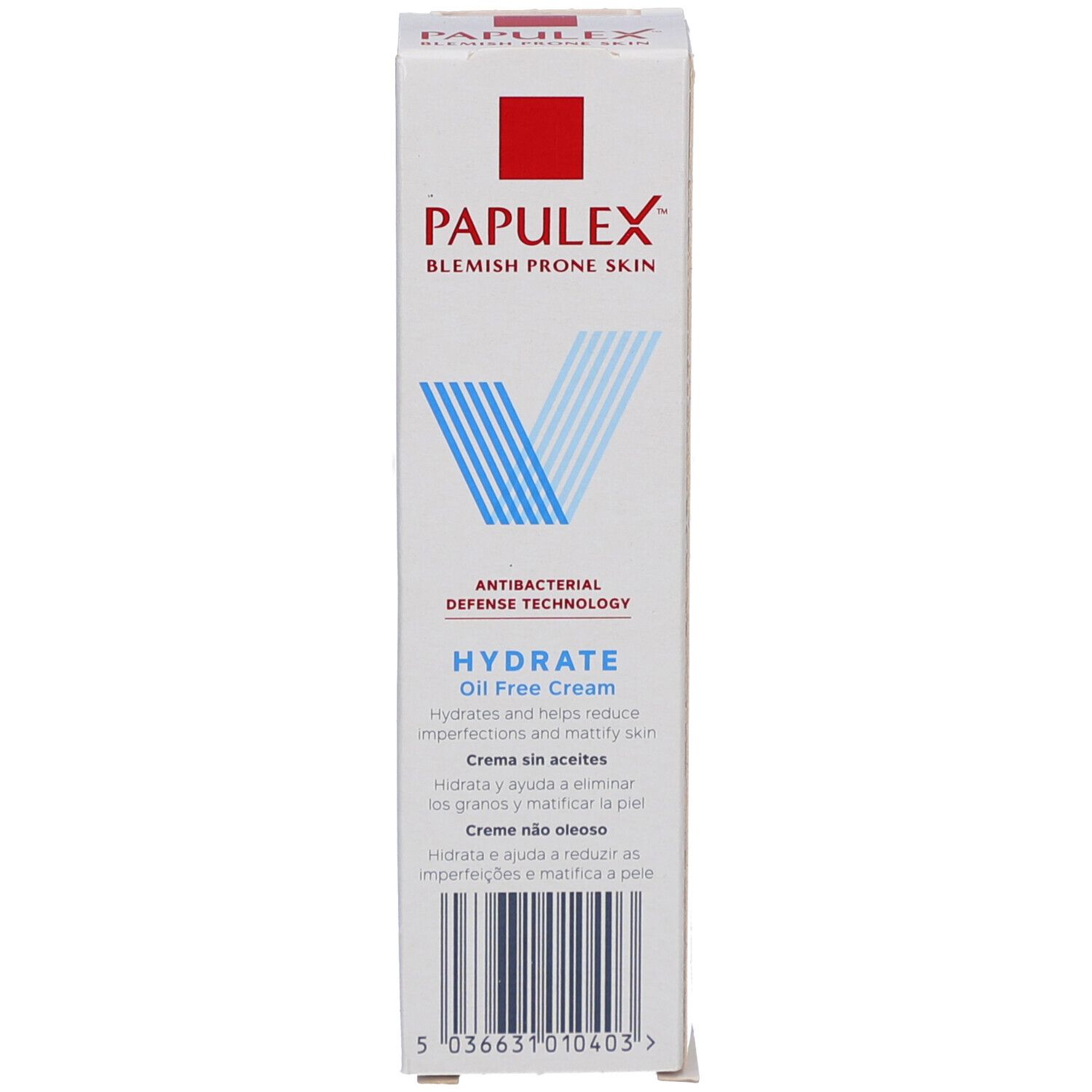 Boîte, face avant. Blanc, rouge, bleu. Texte: HYDRATE Oil Free Cream. Antibacterial Defense Technology.