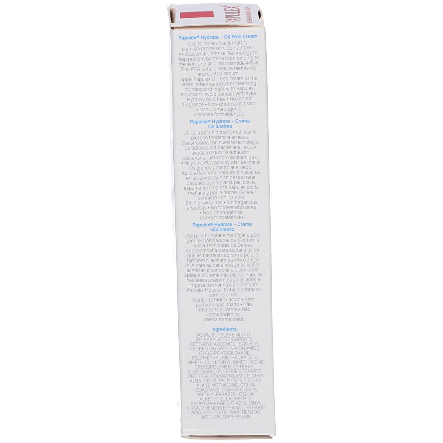 Boîte, vue latérale. Texte multilingue. Ingrédients et informations fabricant.