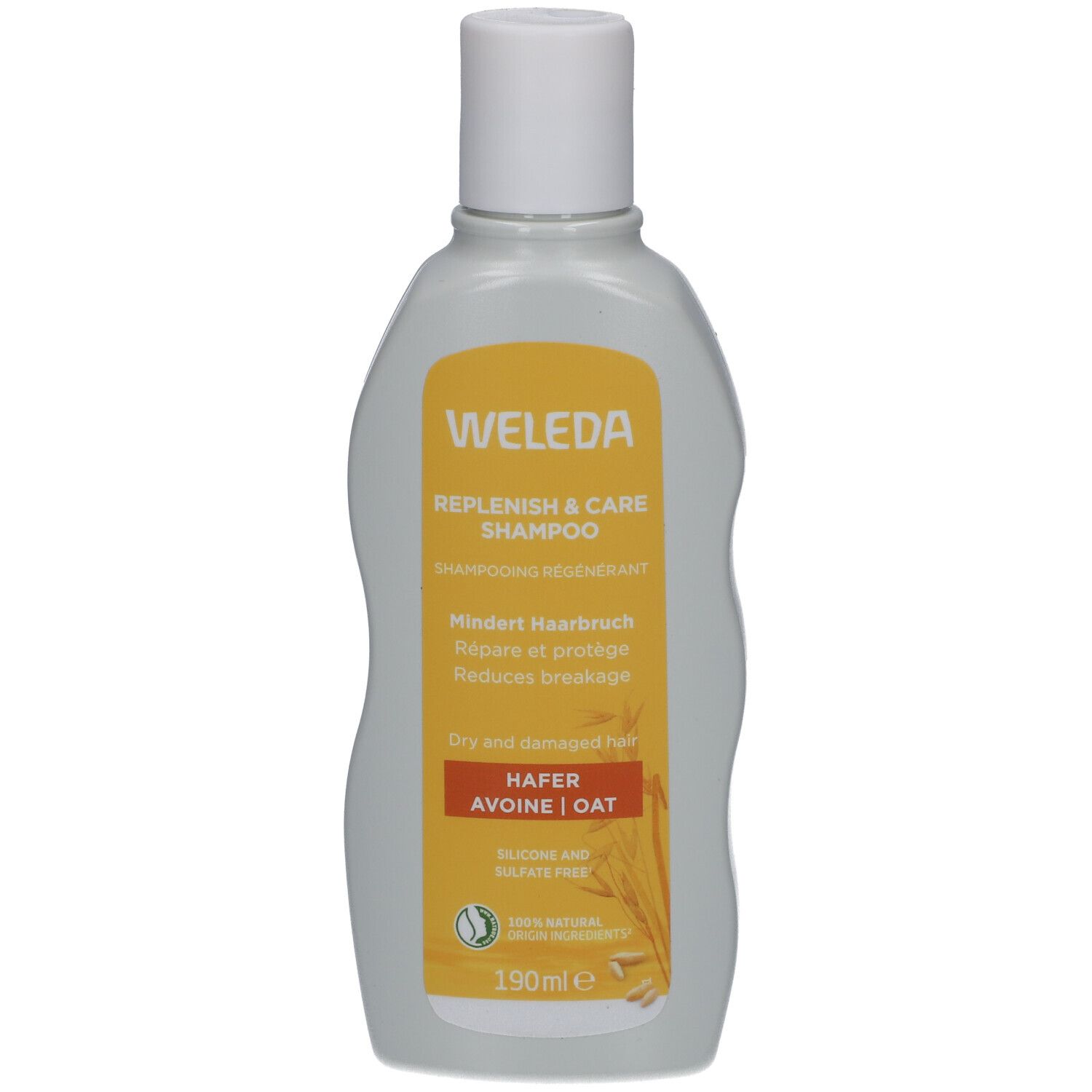 Flacon de Shampooing Régénérant à l'Avoine Weleda. Étiquette jaune. Texte: Hafer, Avoine, Oat. 190ml.